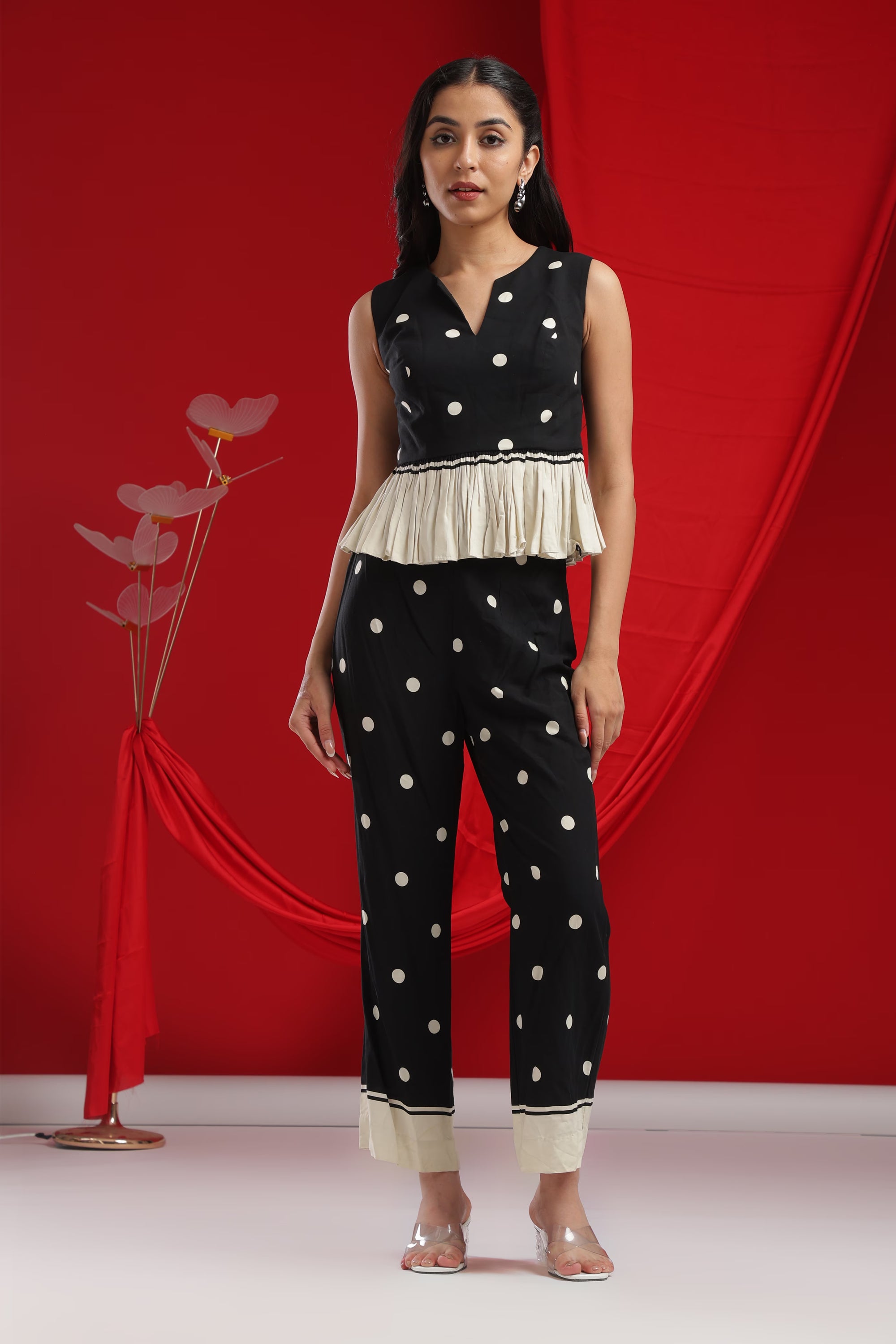 Black & Ivory Polka Peplum Set