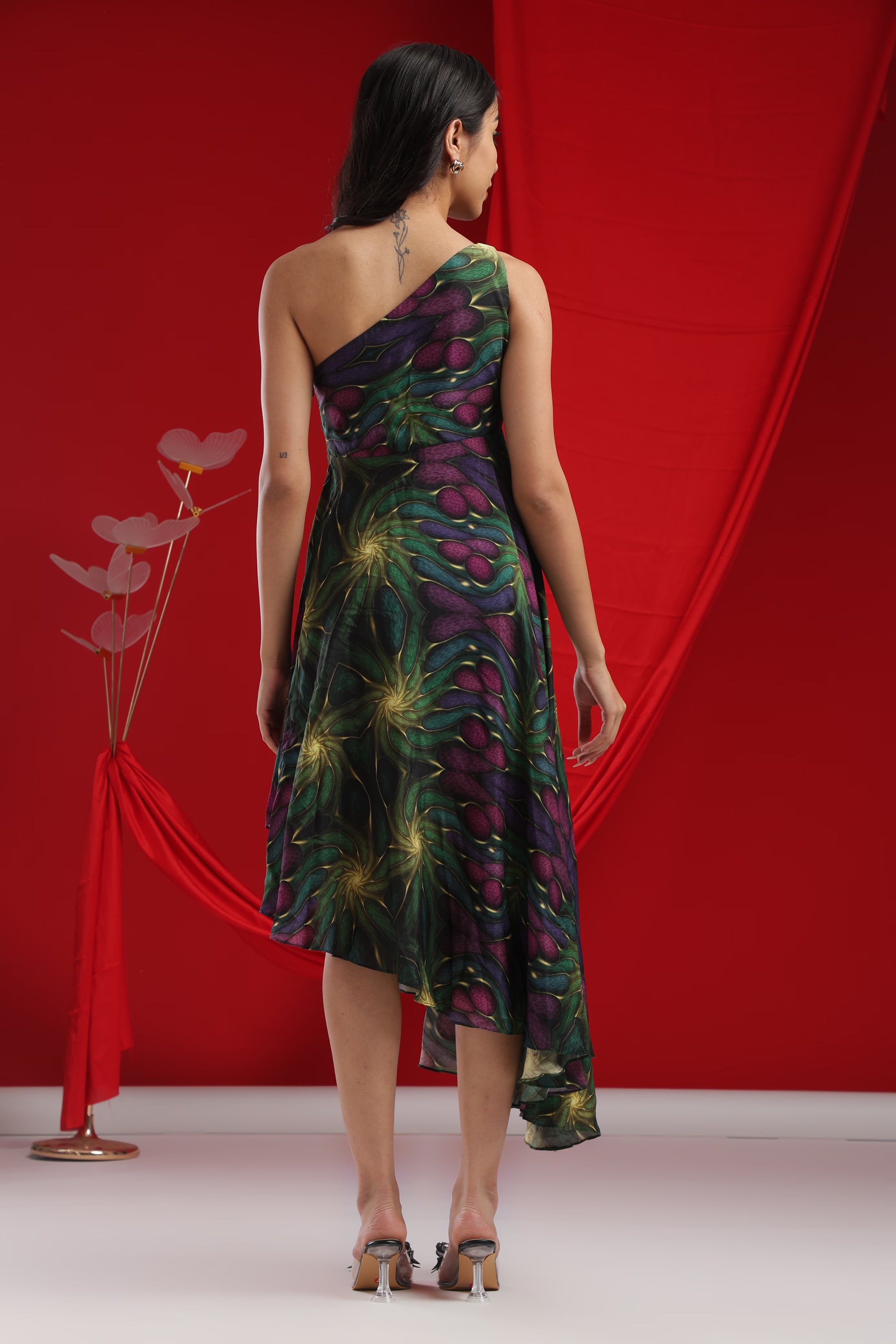 Midnight Forest One-Shoulder Abstract Dress