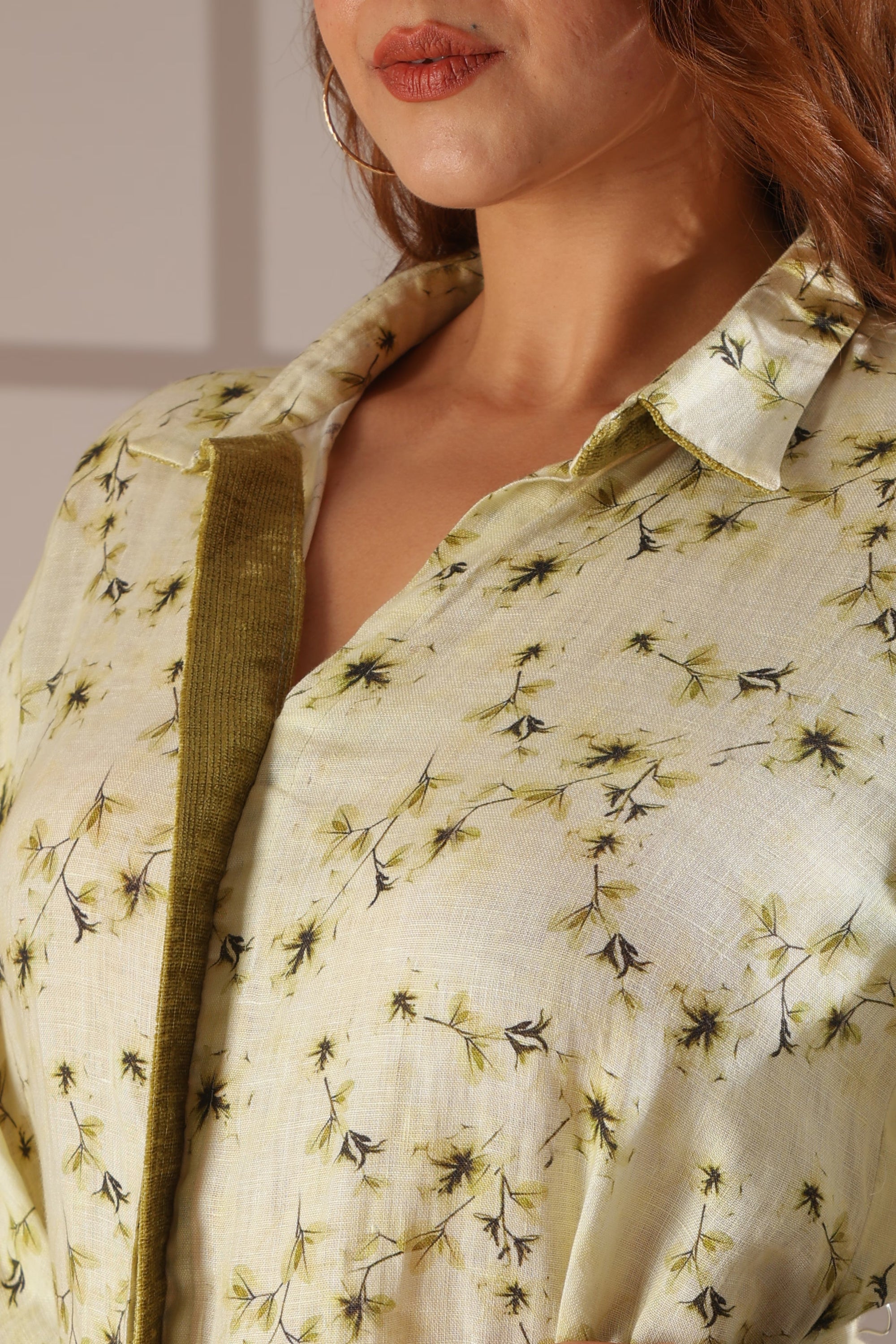 Lime Botanical High-Low Shirt Dress with Lace-Up Cuffs