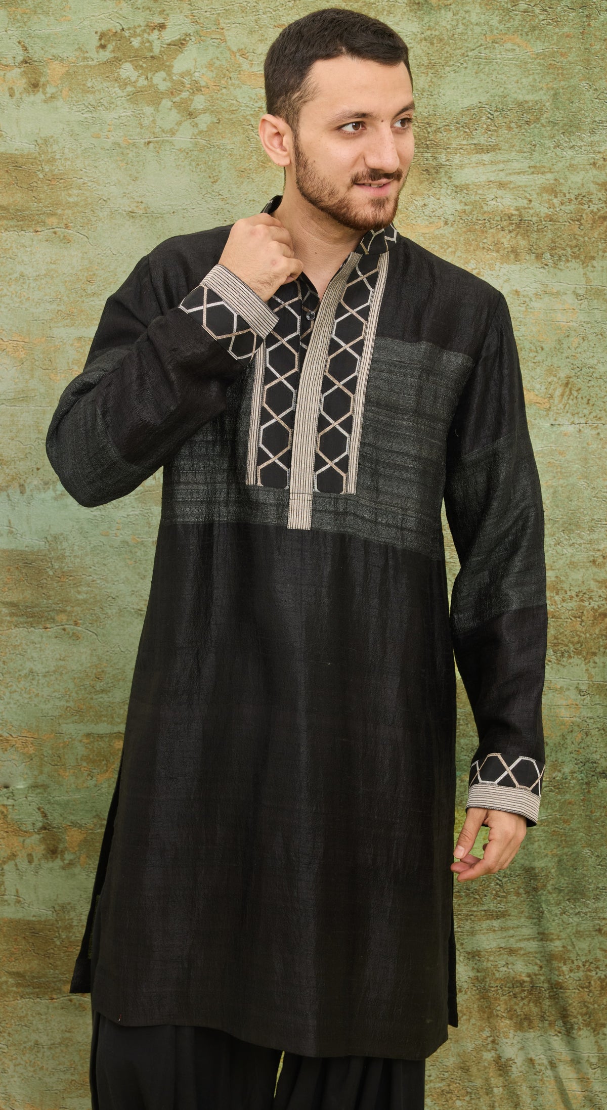 Noir Geometric Bandhgala Kurta Set