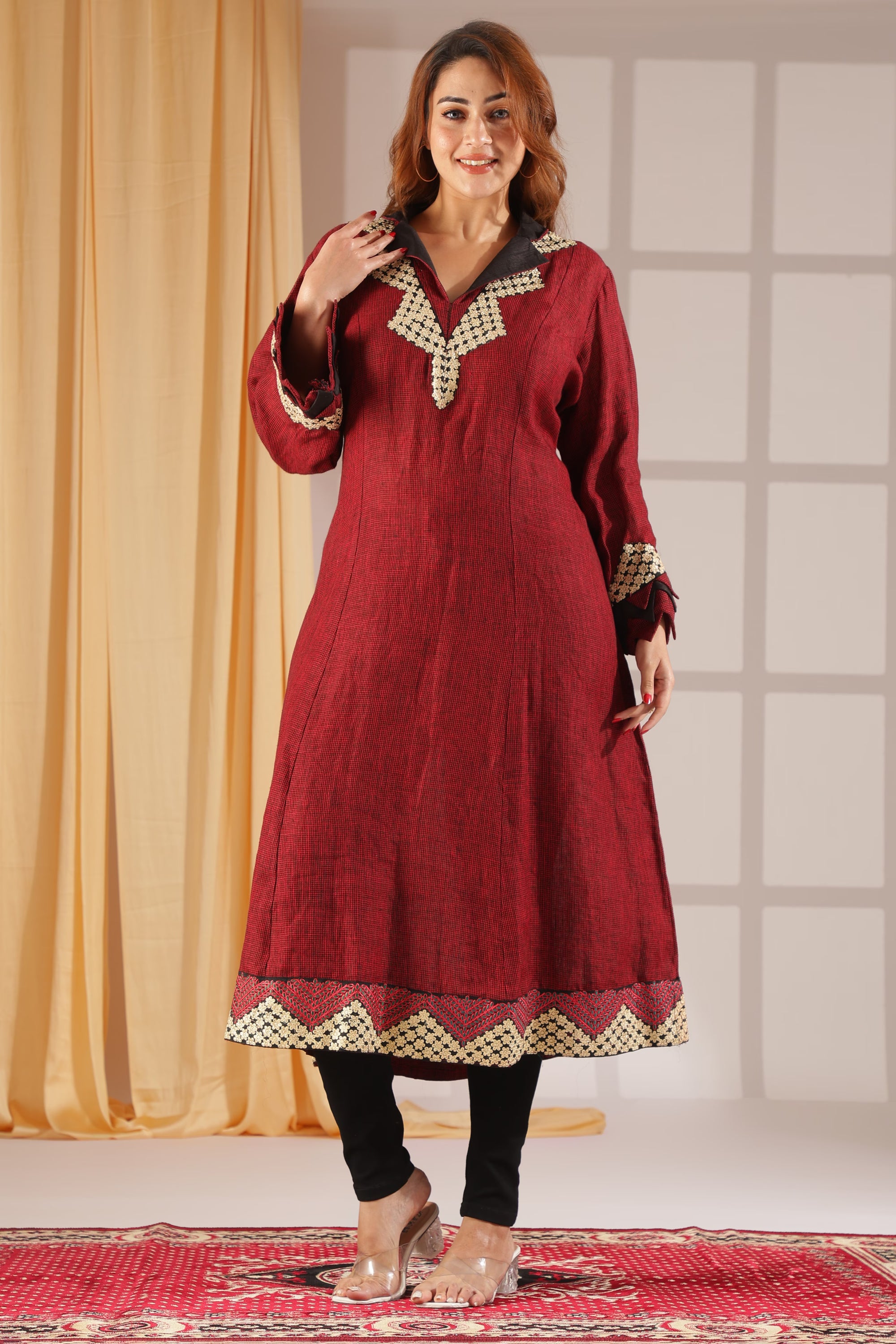 Maroon Mosaic Embroidered A-Line Kurta