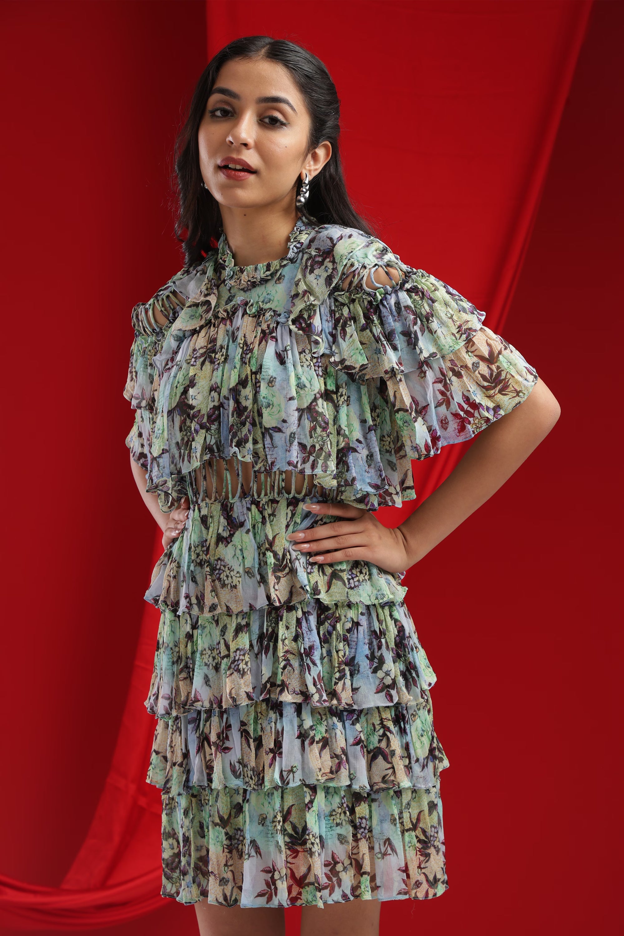 Mint Green Flutter Sleeve Floral Dress