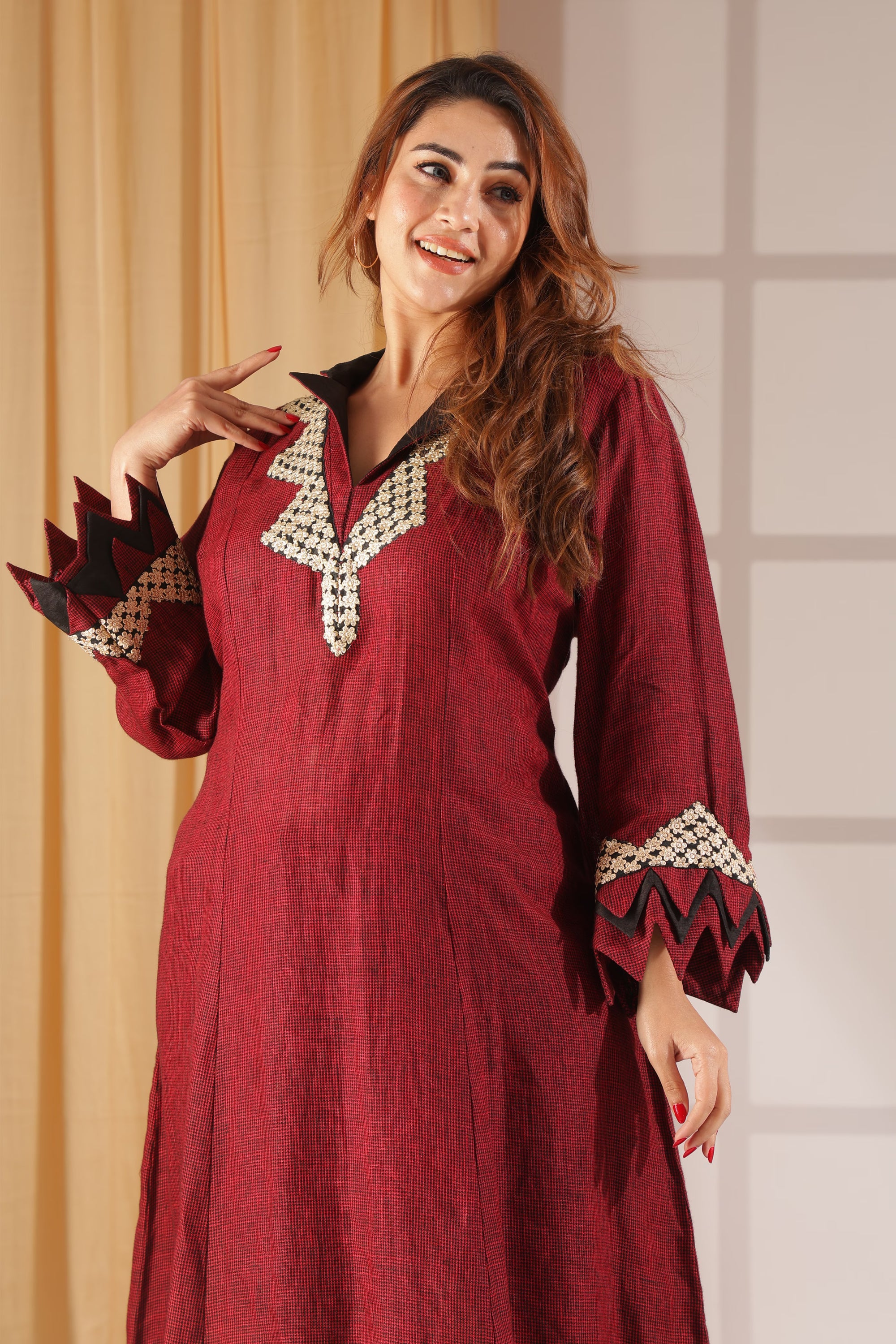 Maroon Mosaic Embroidered A-Line Kurta