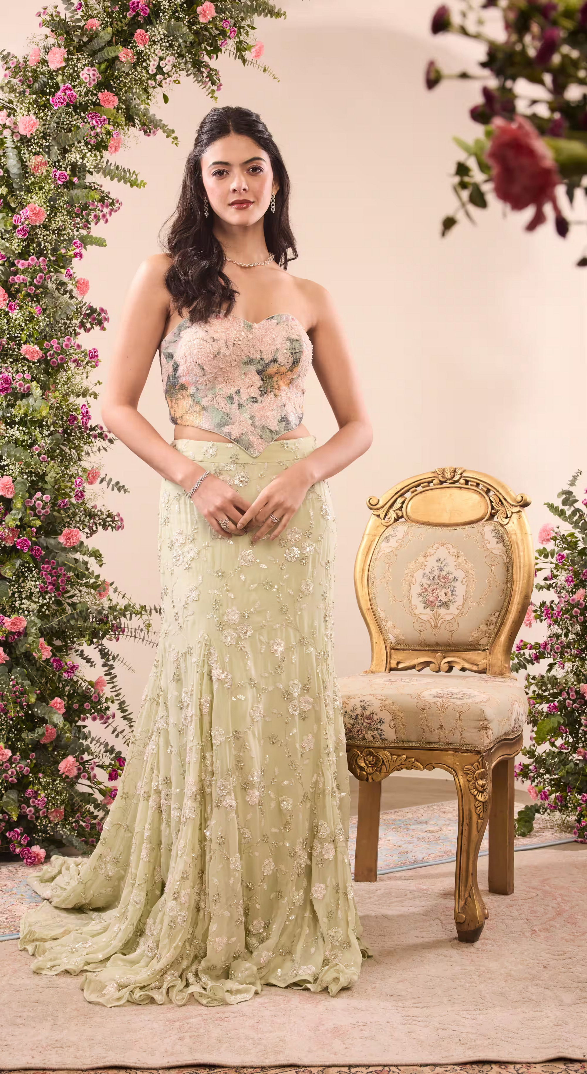 Floral Embroidered Crop Top & Sequin Lehenga