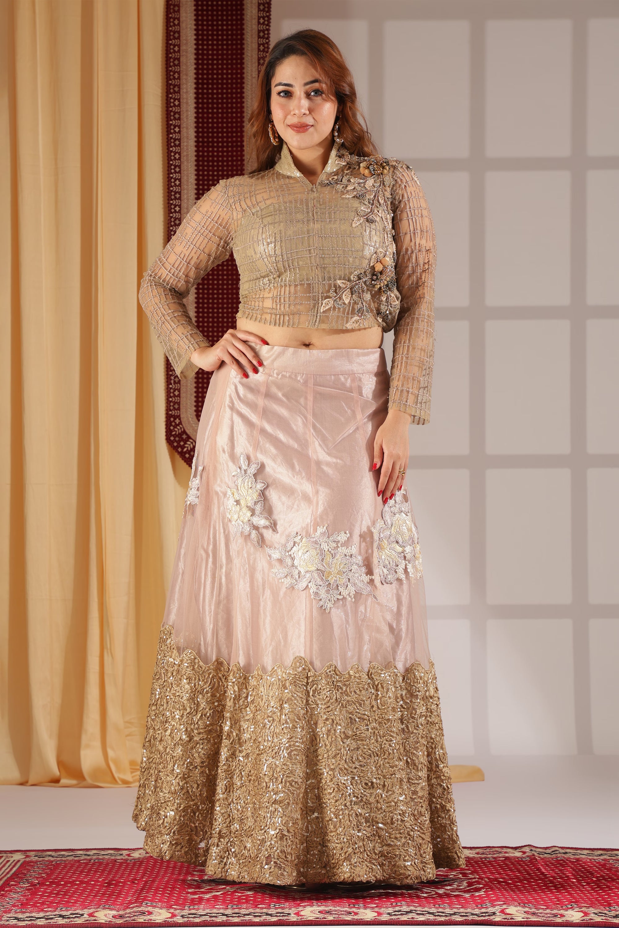 Champagne Blush Floral Net Lehenga & Gold-Grid Embellished Full-Sleeve collar blouse