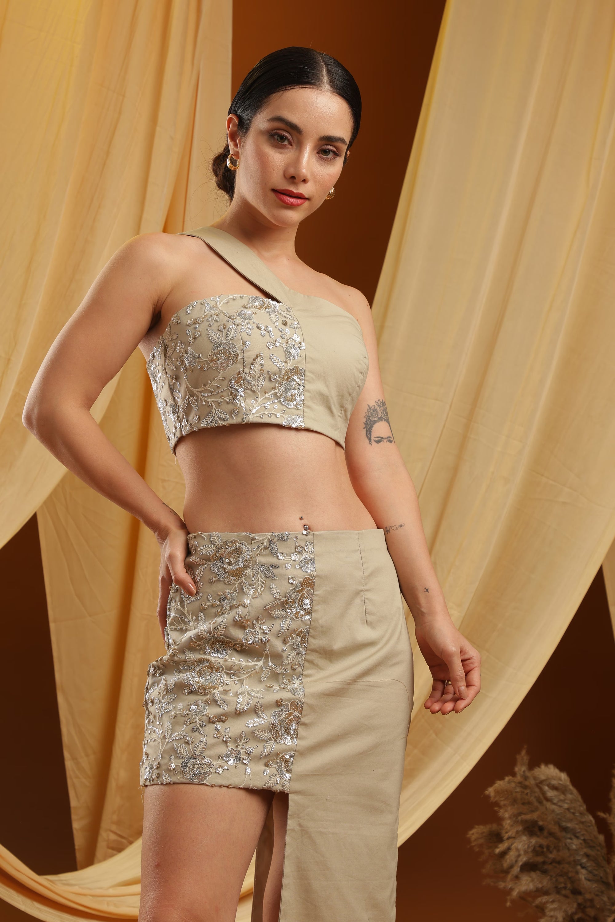 Beige Aysmmetrical Top and Skirt with Sequin Pane