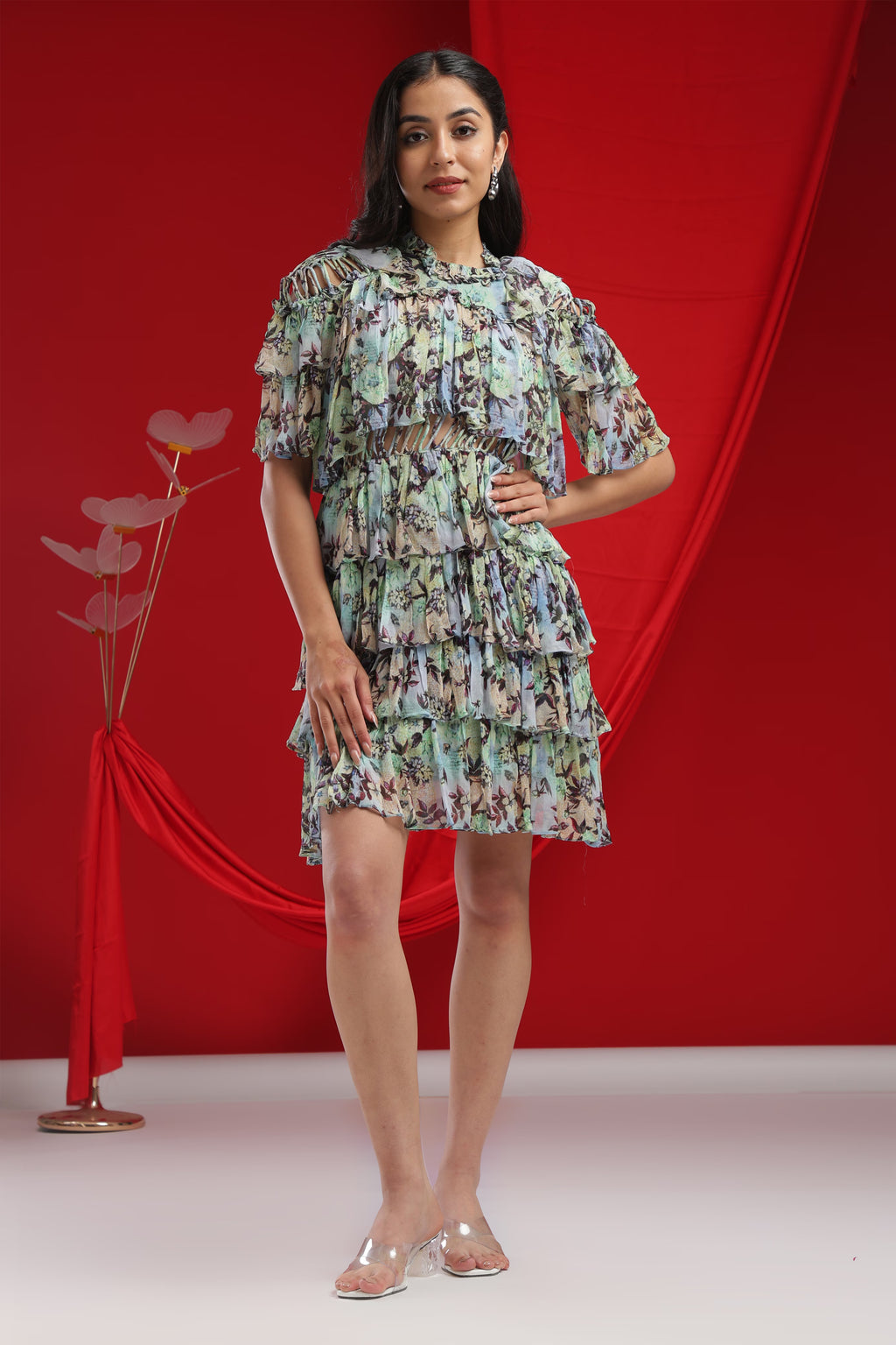 Mint Green Flutter Sleeve Floral Dress