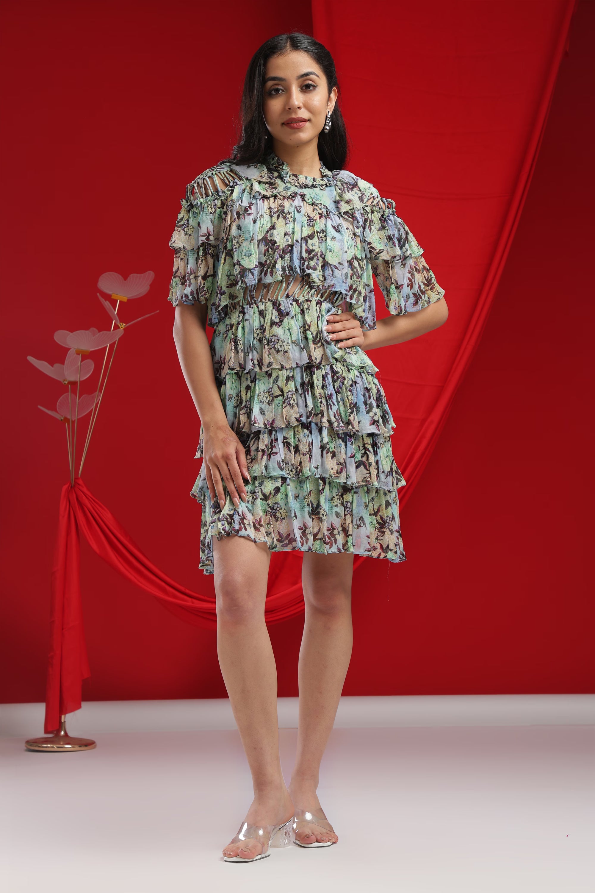 Mint Green Flutter Sleeve Floral Dress