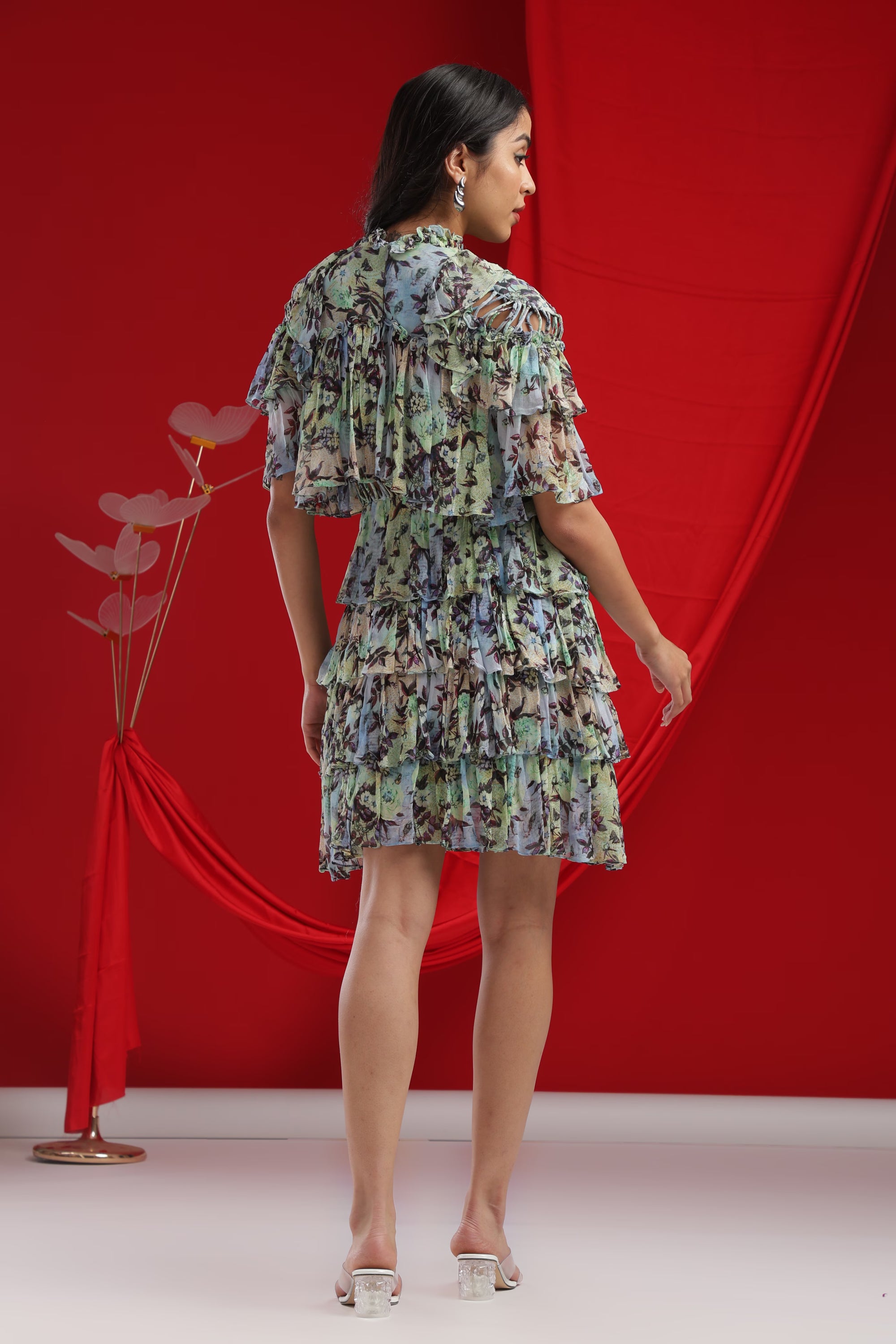 Mint Green Flutter Sleeve Floral Dress