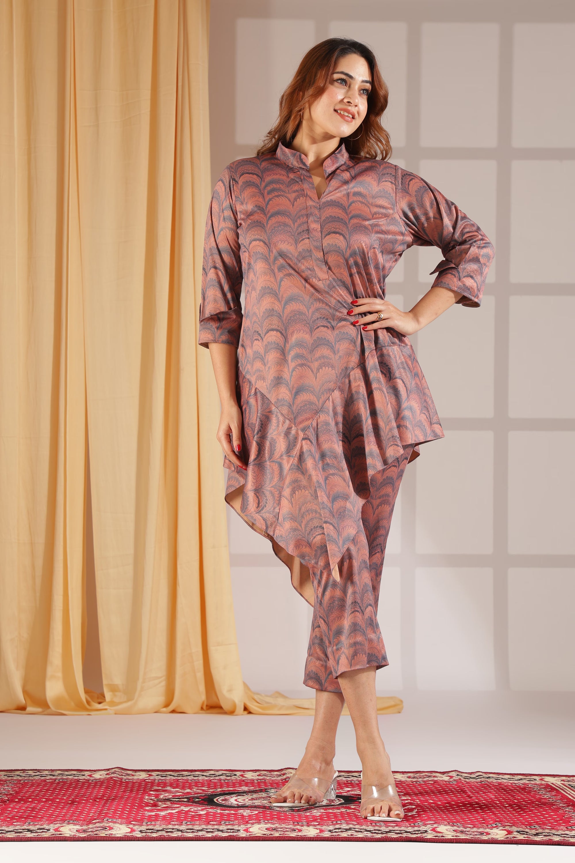 Mauve Artisanal Asymmetrical Tunic & Slim Ankle Crop Pant co-ord set