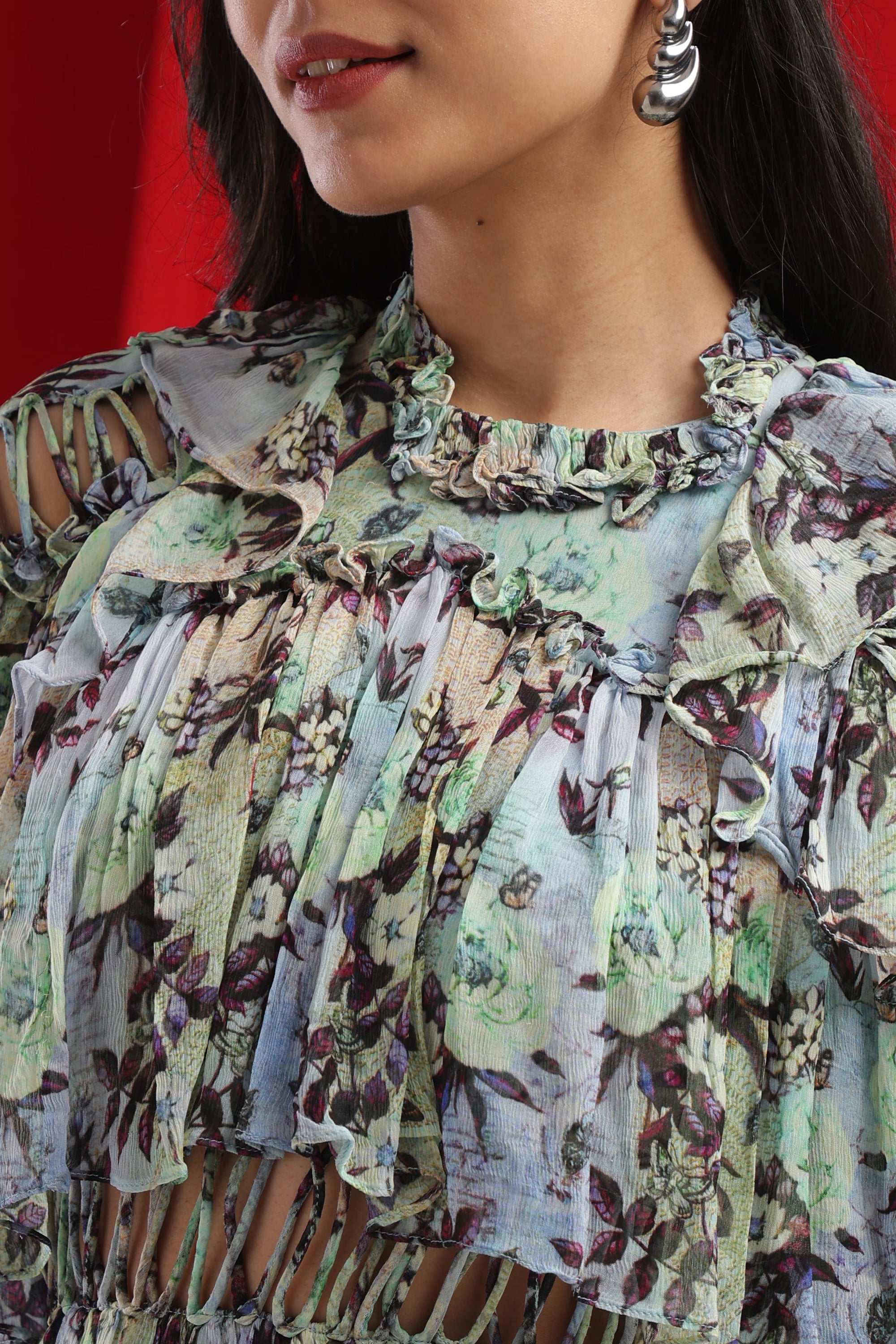 Mint Green Flutter Sleeve Floral Dress