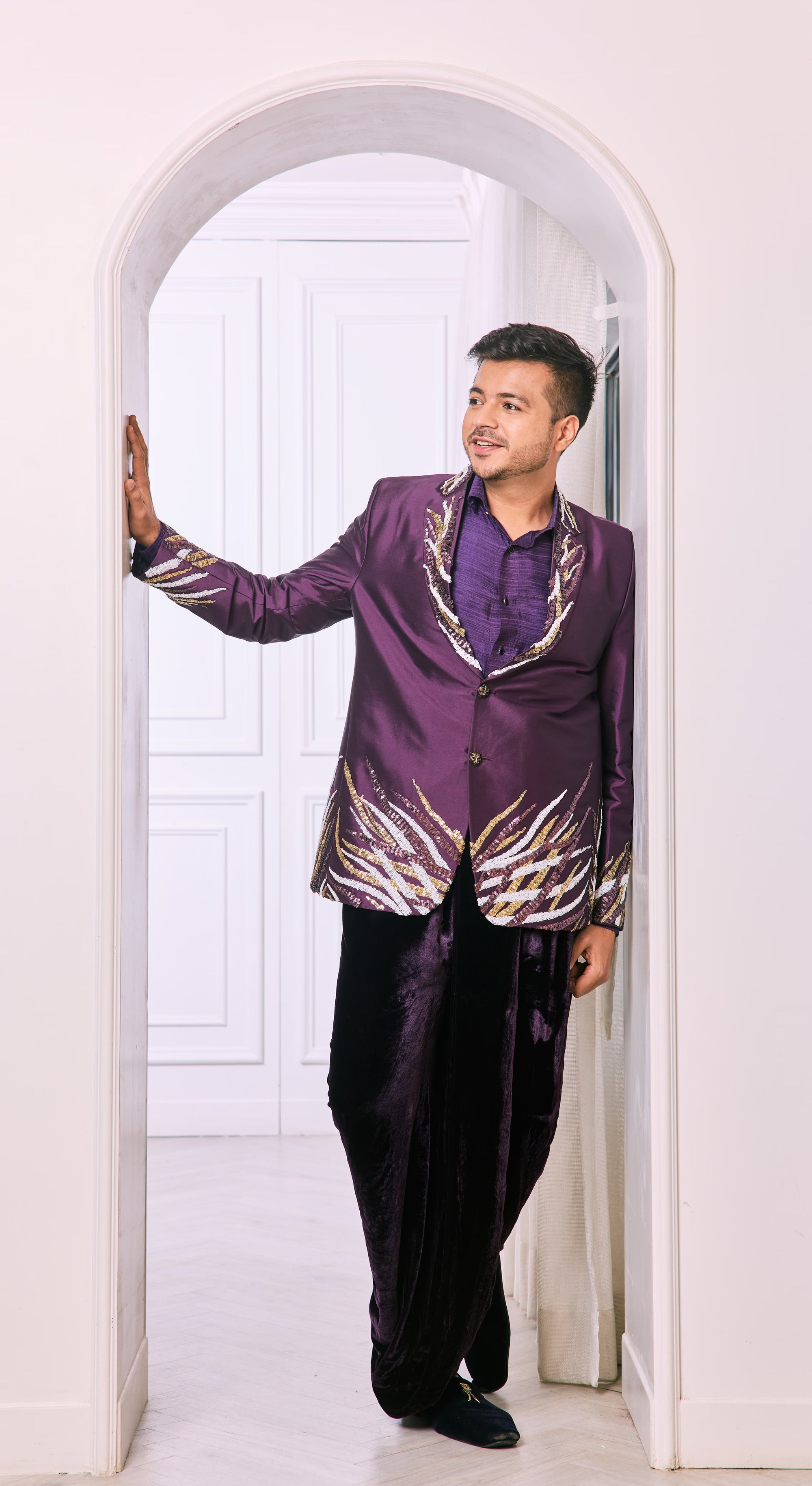 Regal Aubergine jacket with Draped dhoti