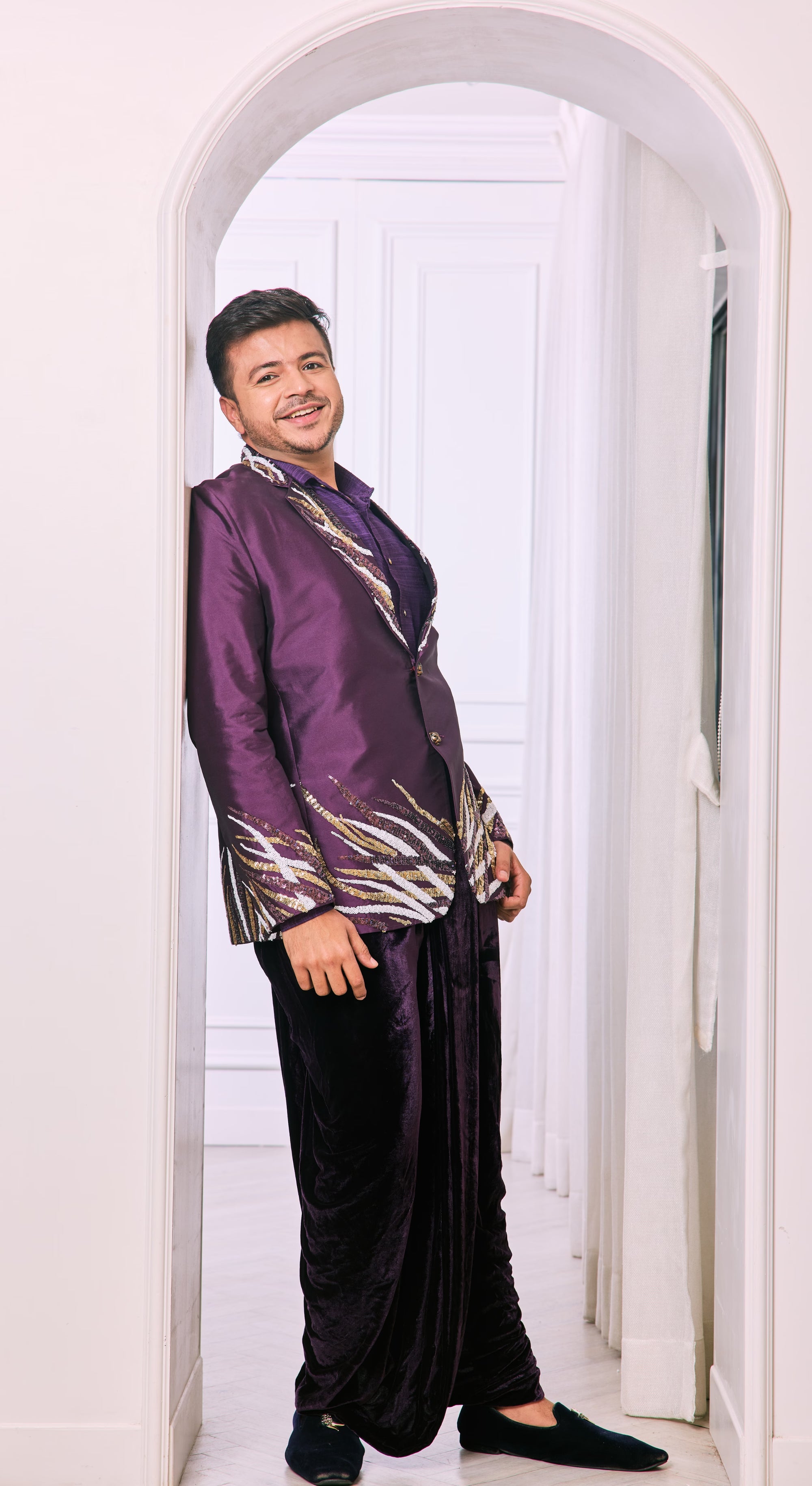 Regal Aubergine jacket with Draped dhoti