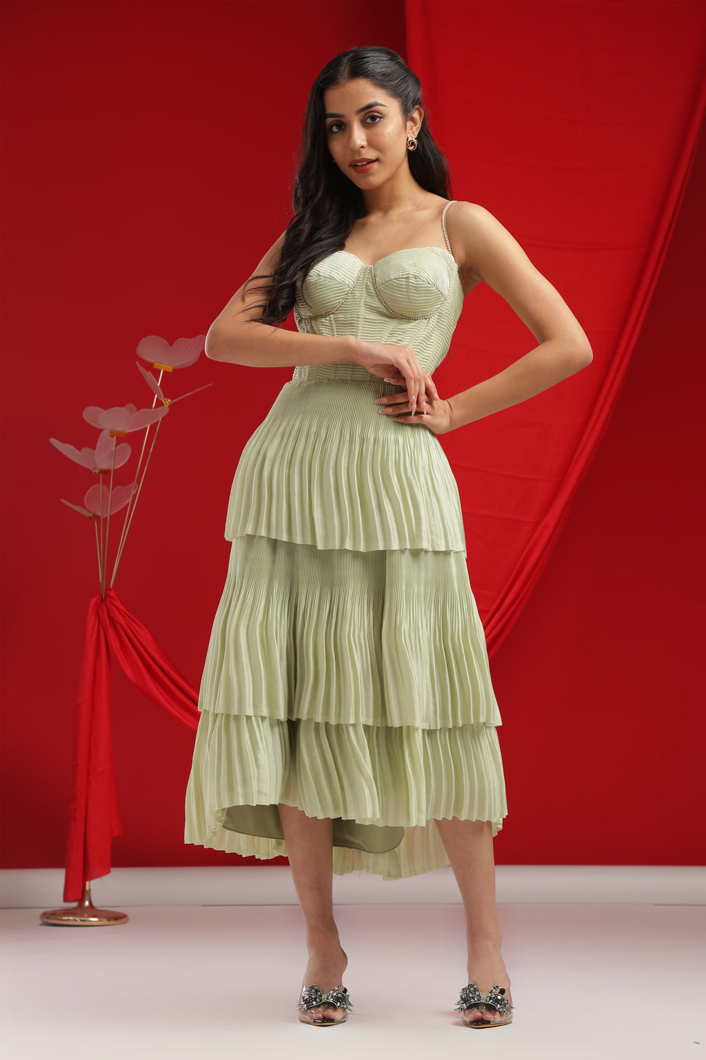 Mint Green Pleated Corset Tiered Dress