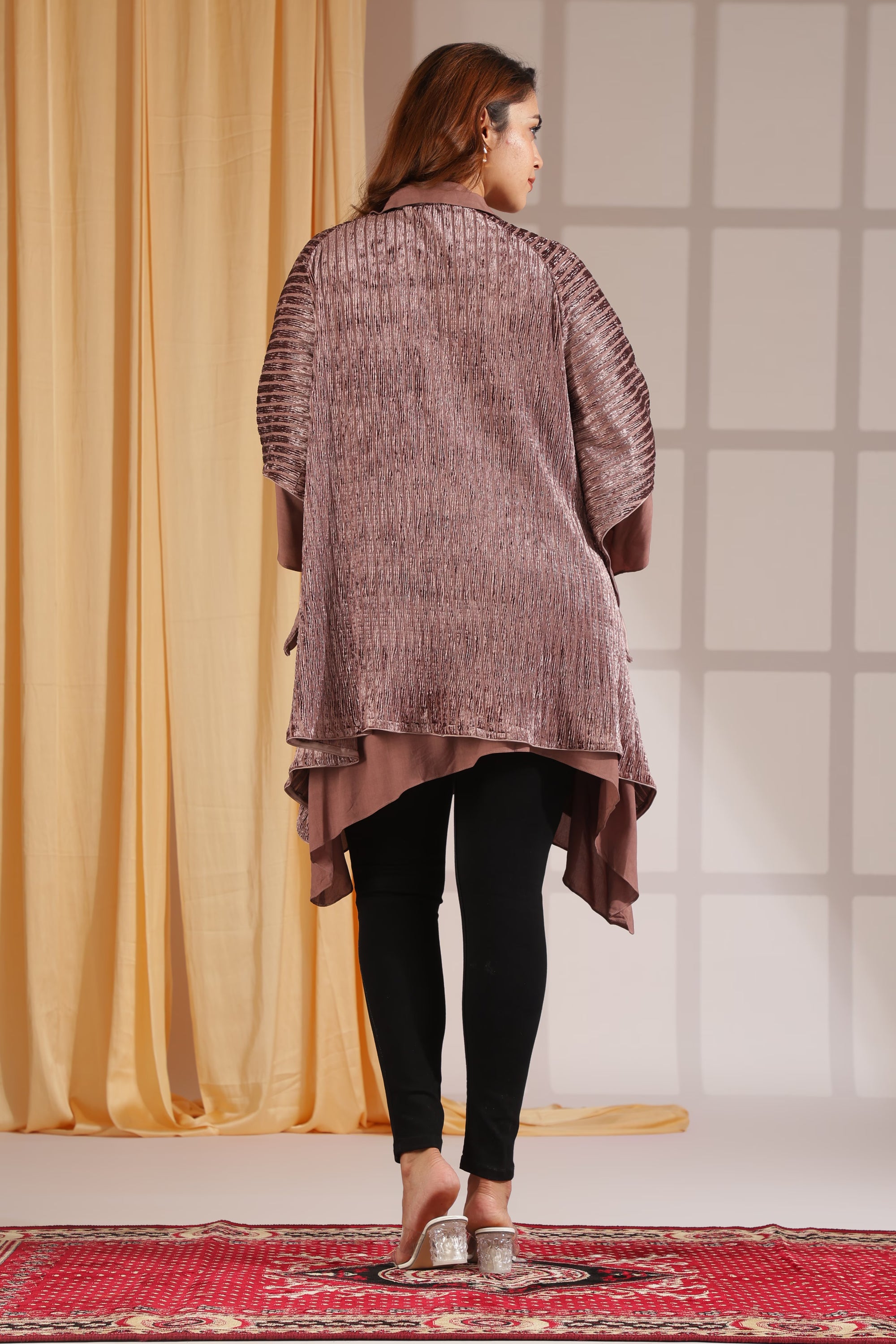 Mauve Metallic Pleated Kaftan Tunic-Top with Sequin Fringe