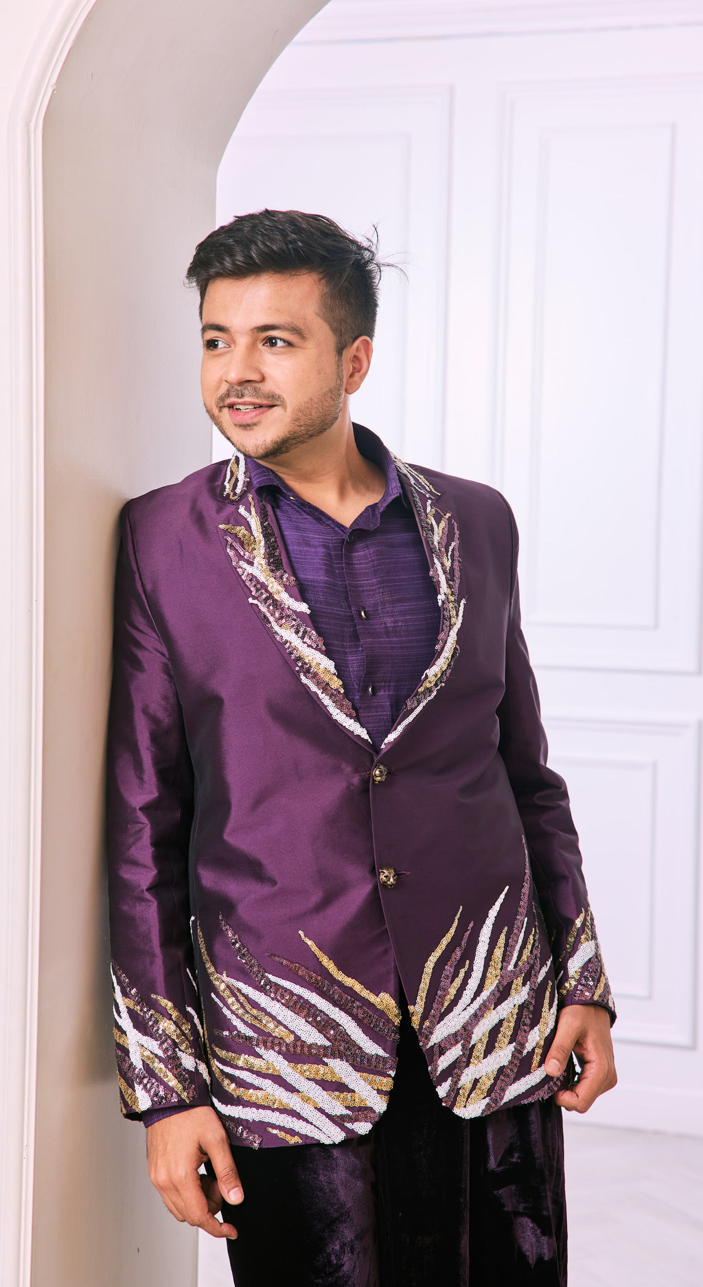 Regal Aubergine jacket with Draped dhoti