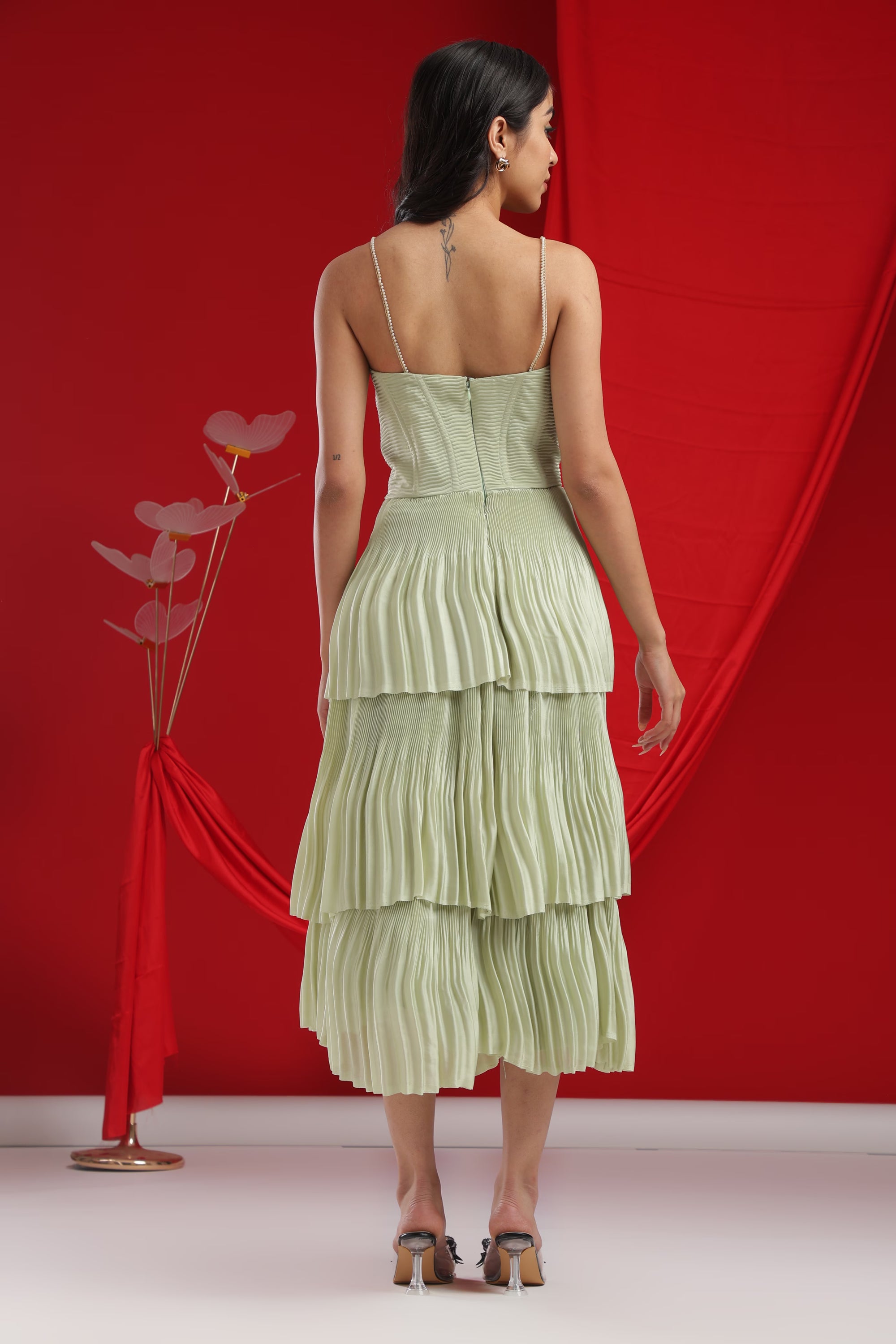 Mint Green Pleated Corset Tiered Dress