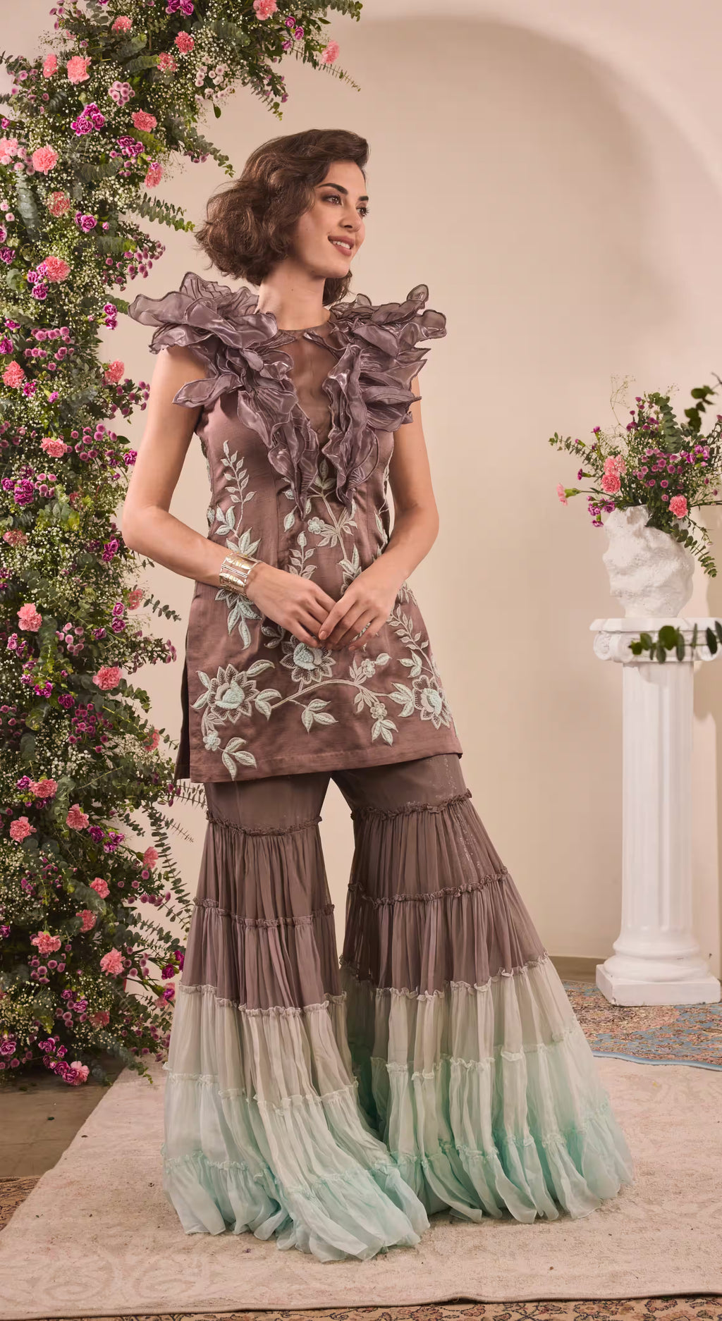 Embroidered Organza Ruffle Tunic & Ombre Tiered Sharara Set