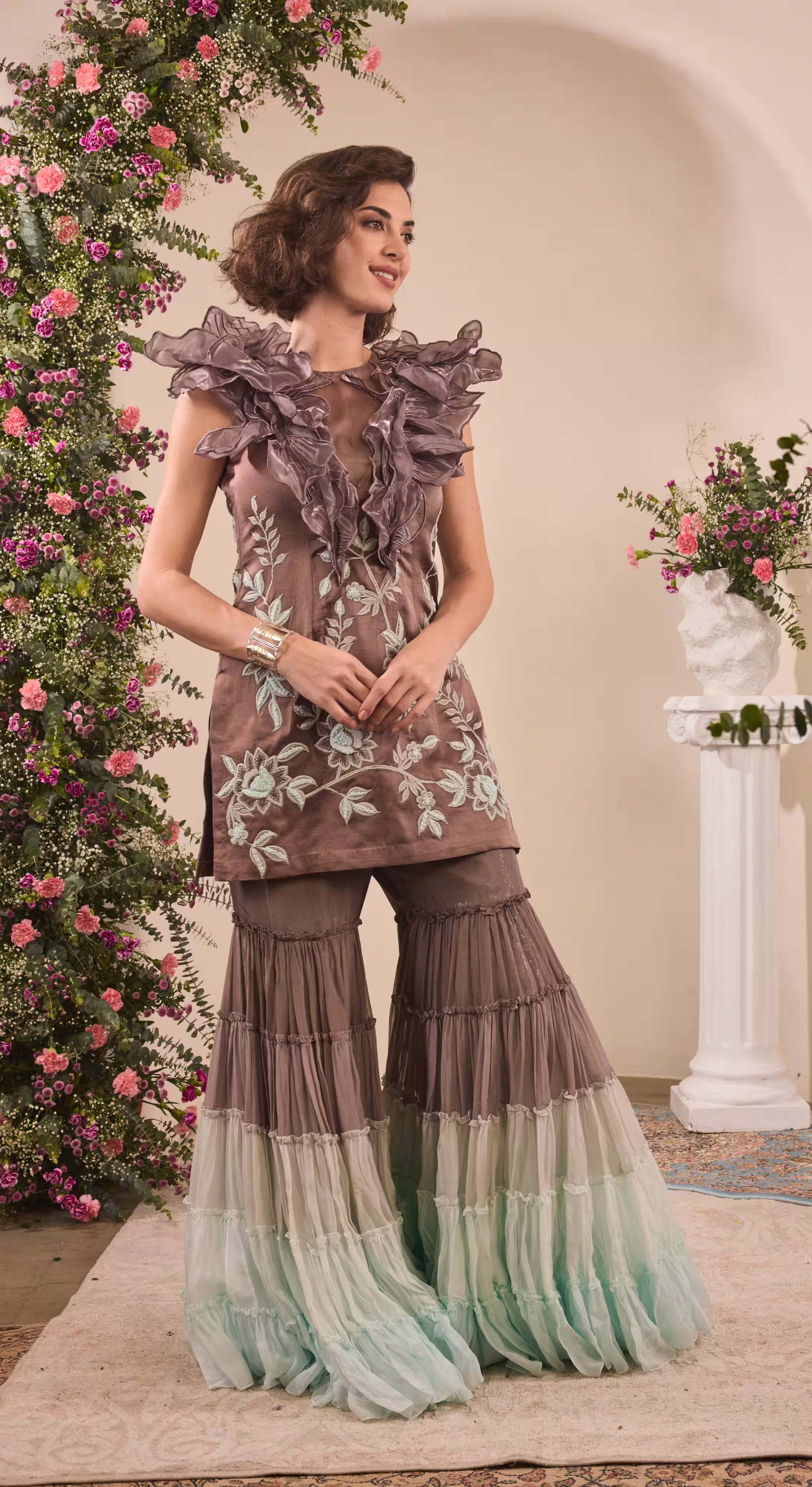 Embroidered Organza Ruffle Tunic & Ombre Tiered Sharara Set