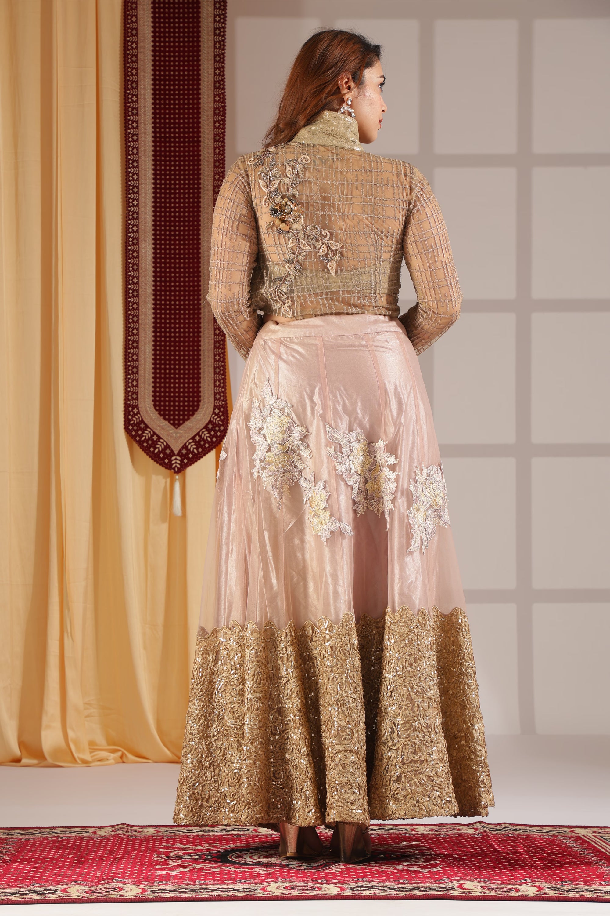 Champagne Blush Floral Net Lehenga & Gold-Grid Embellished Full-Sleeve collar blouse