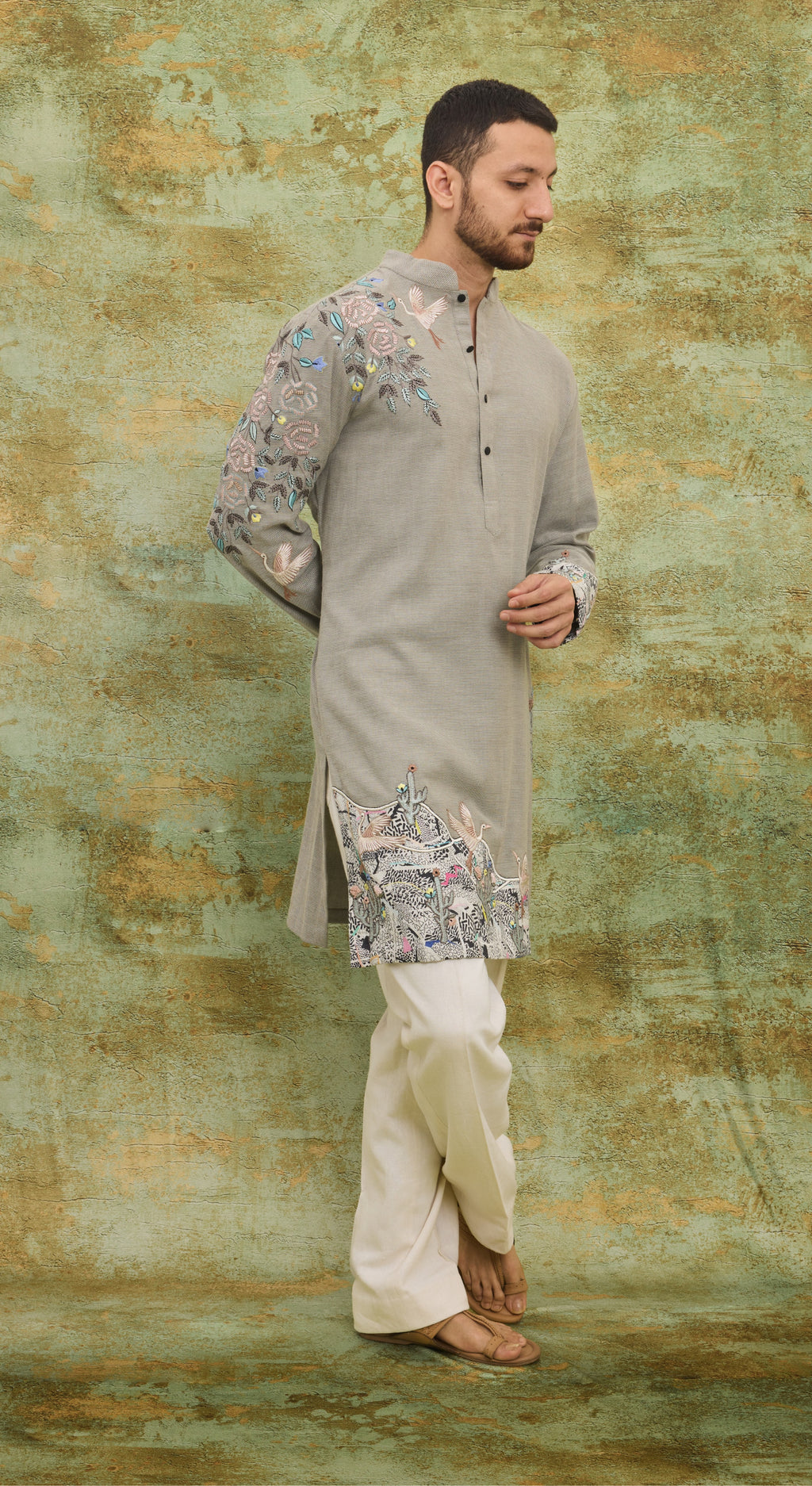 Men’s Grey Embroidered Kurta Set