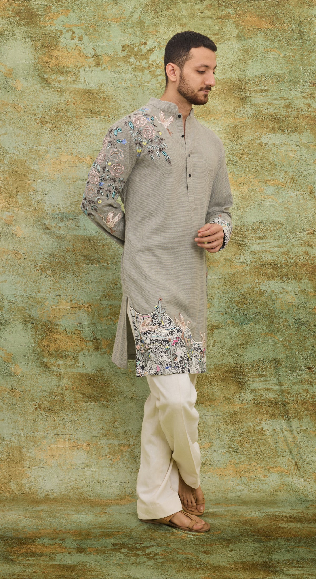 Men’s Grey Embroidered Kurta Set