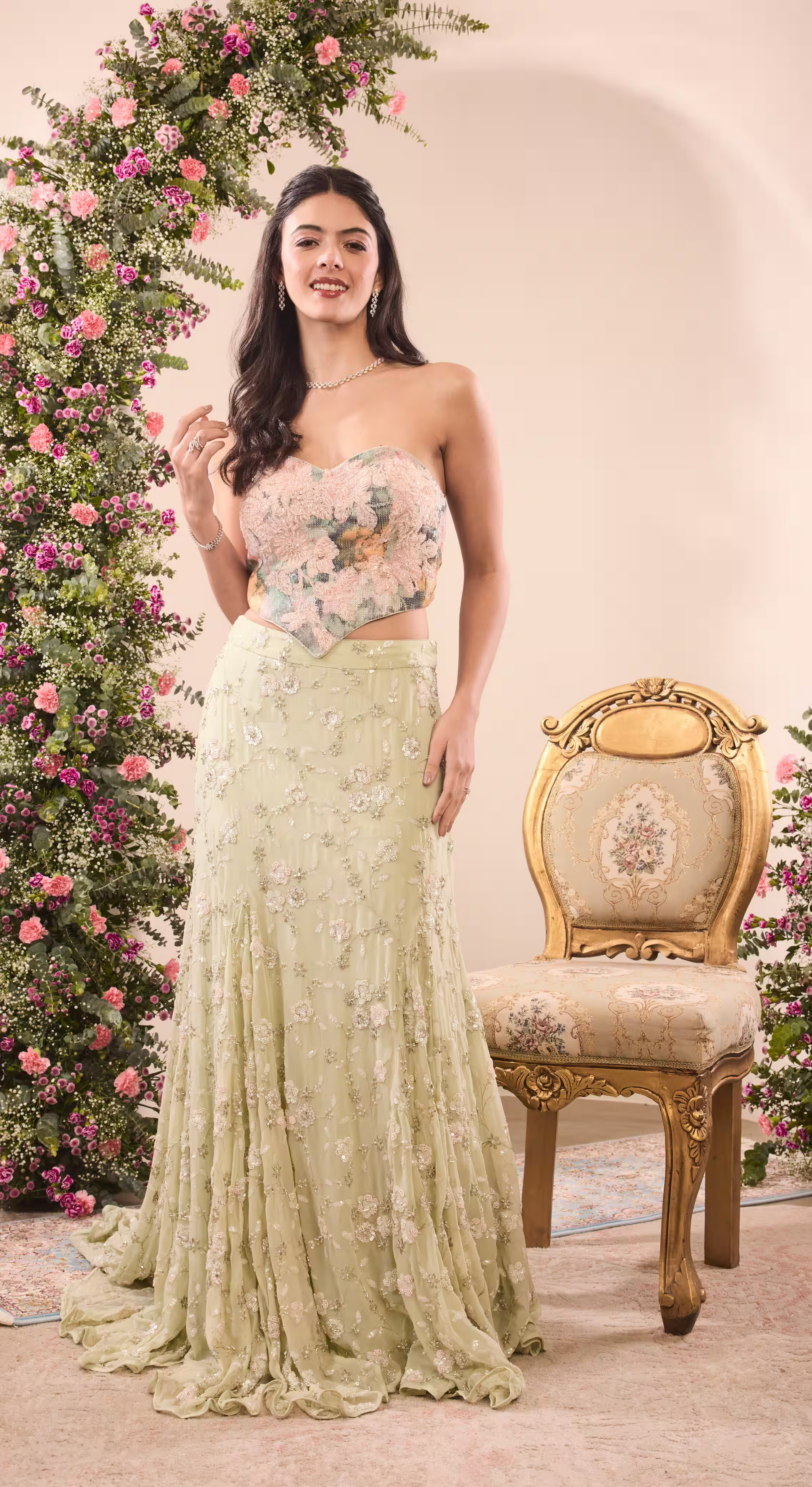 Floral Embroidered Crop Top & Sequin Lehenga