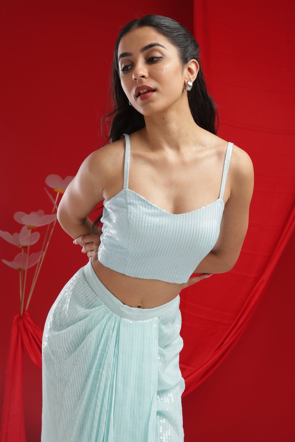 Aqua Blue Shimmer Crop & Draped Skirt ensemble