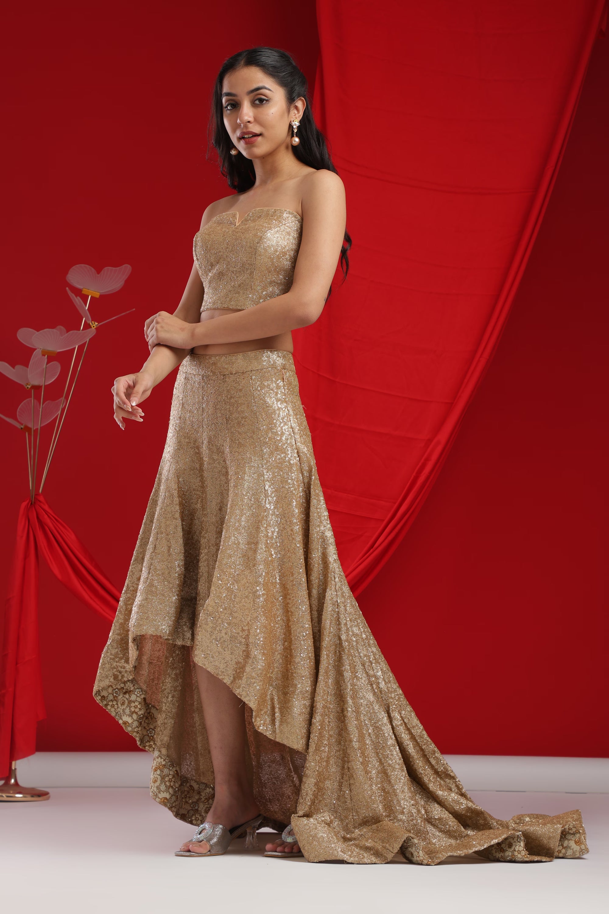 Sequined Strapless Crop & Cascade Skirt