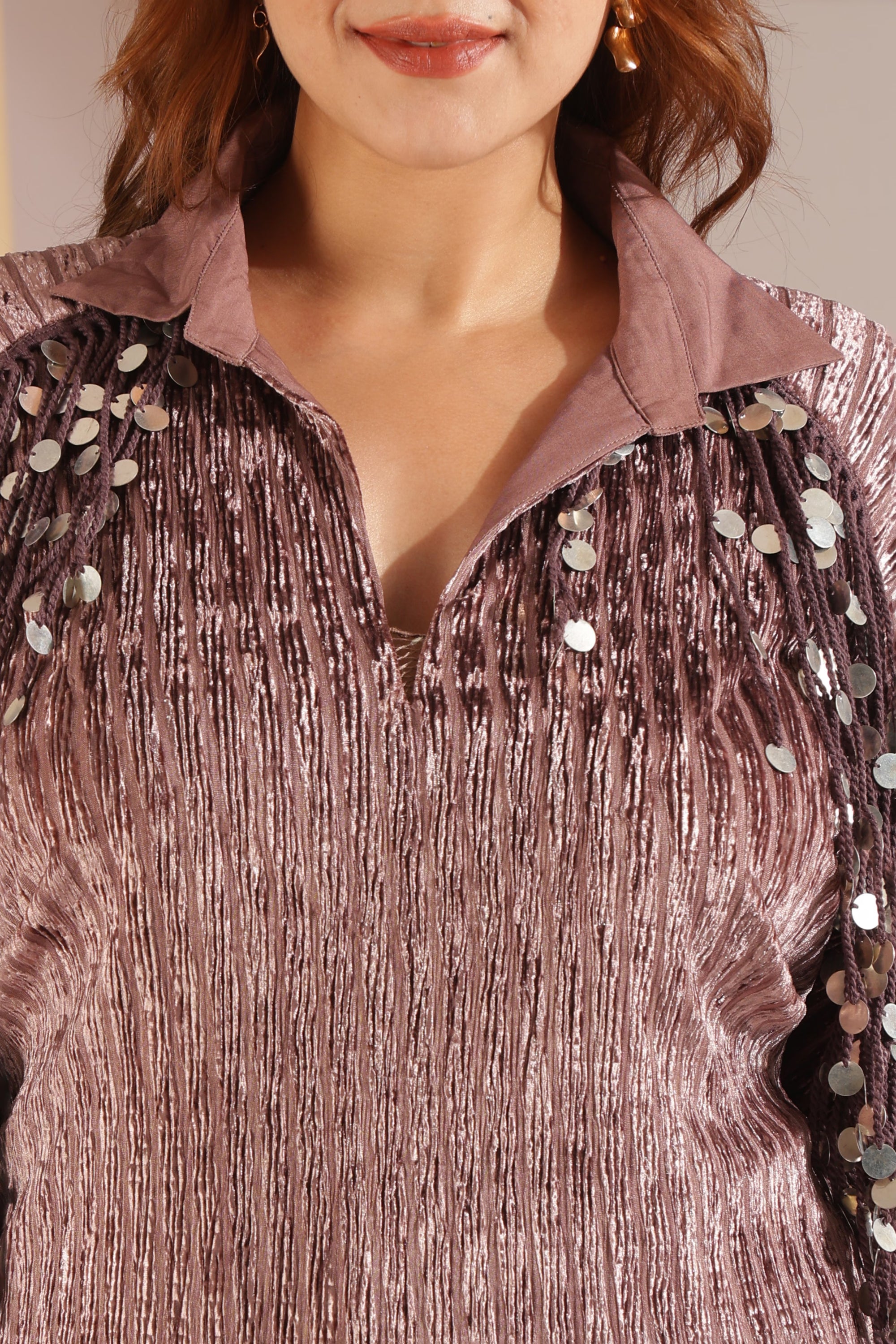 Mauve Metallic Pleated Kaftan Tunic-Top with Sequin Fringe