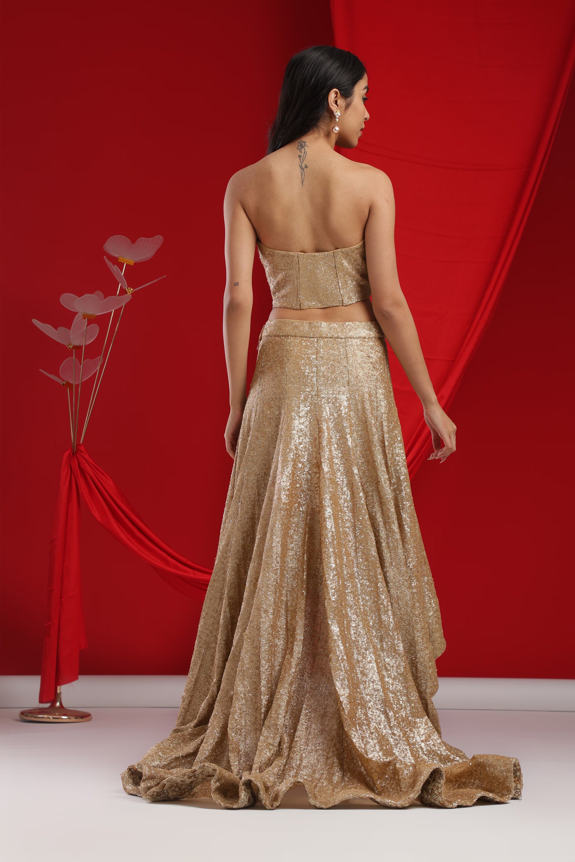 Sequined Strapless Crop & Cascade Skirt