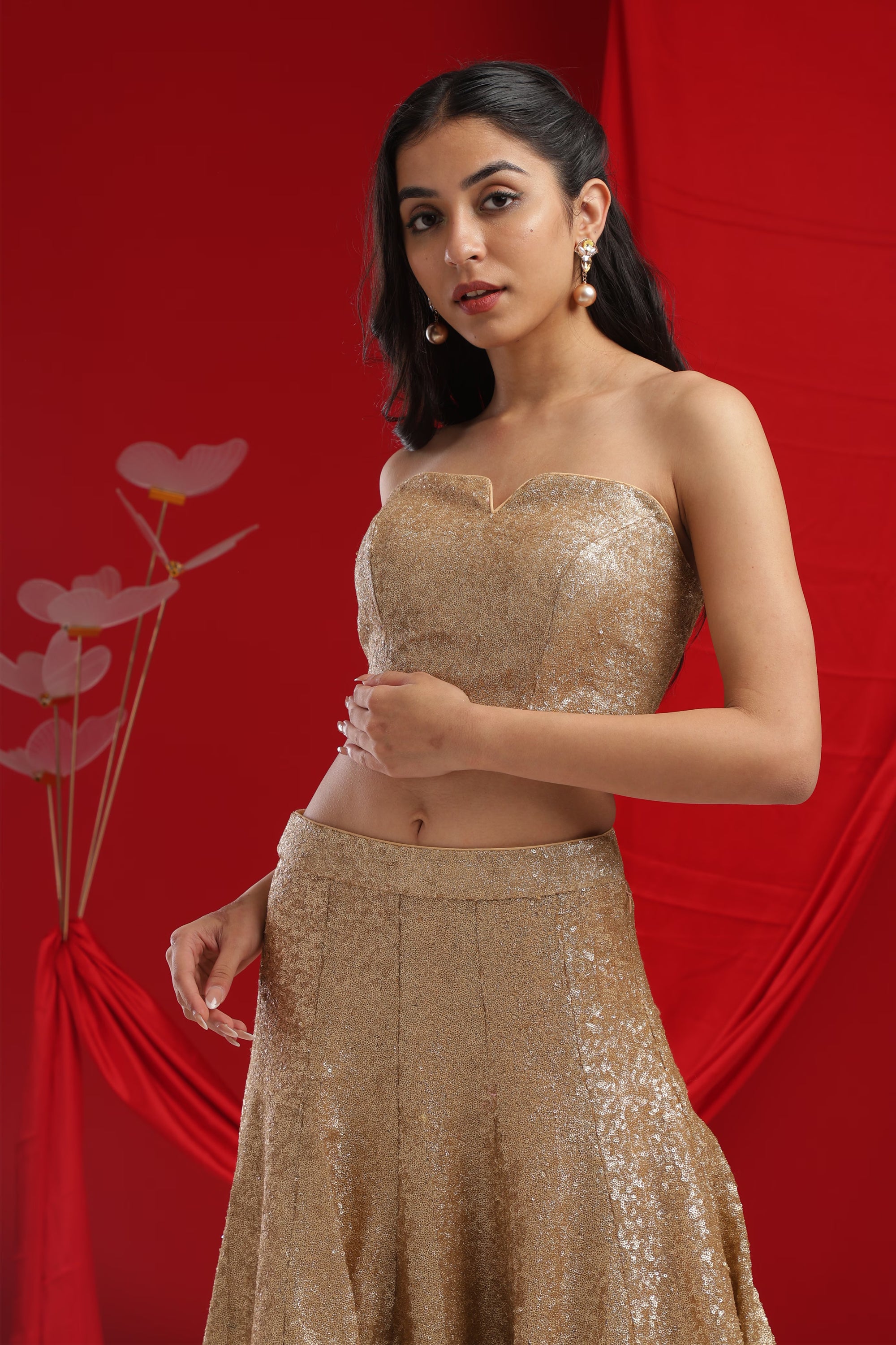 Sequined Strapless Crop & Cascade Skirt