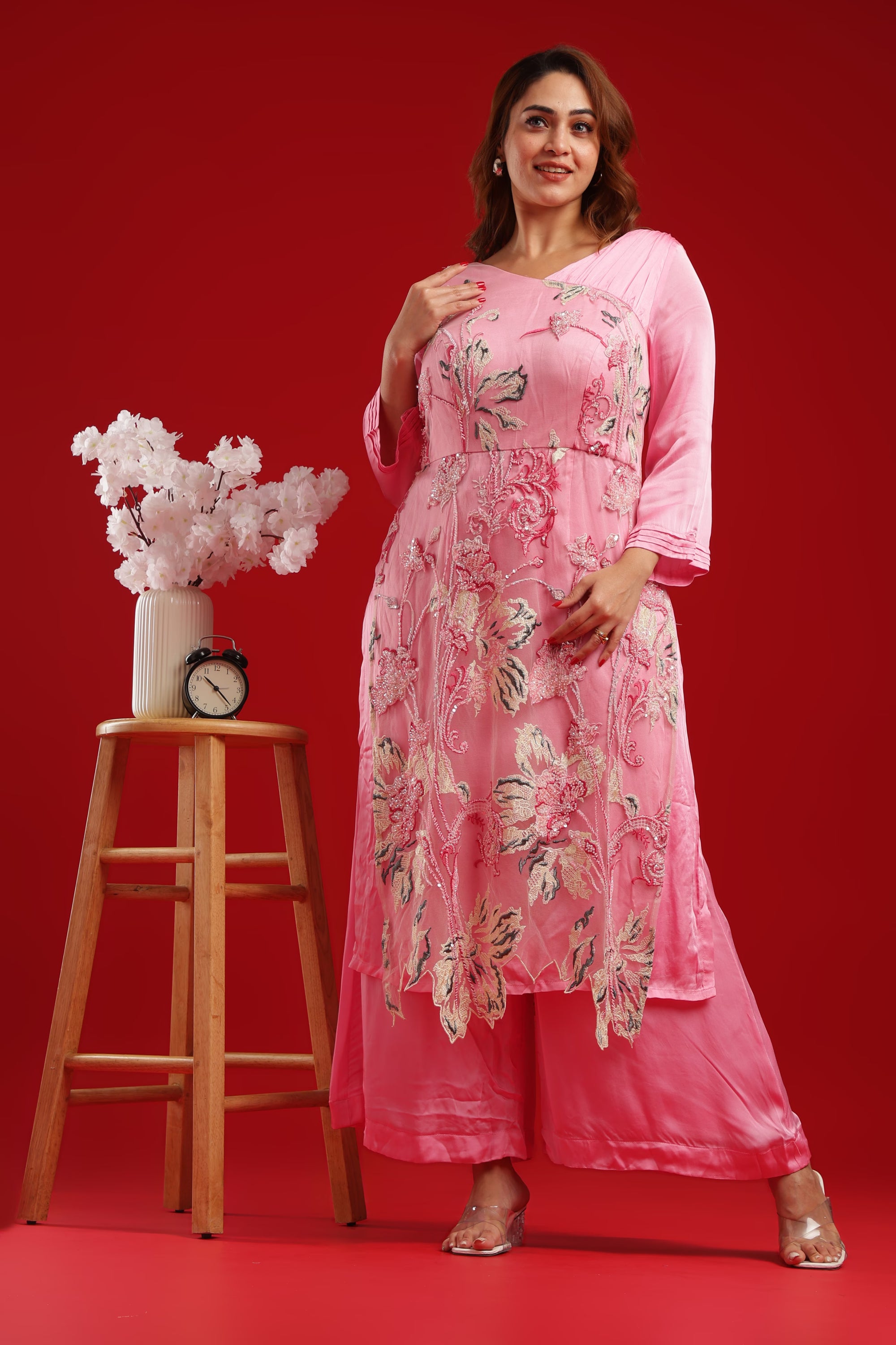 Pink Embroidered Floral Kurta Set