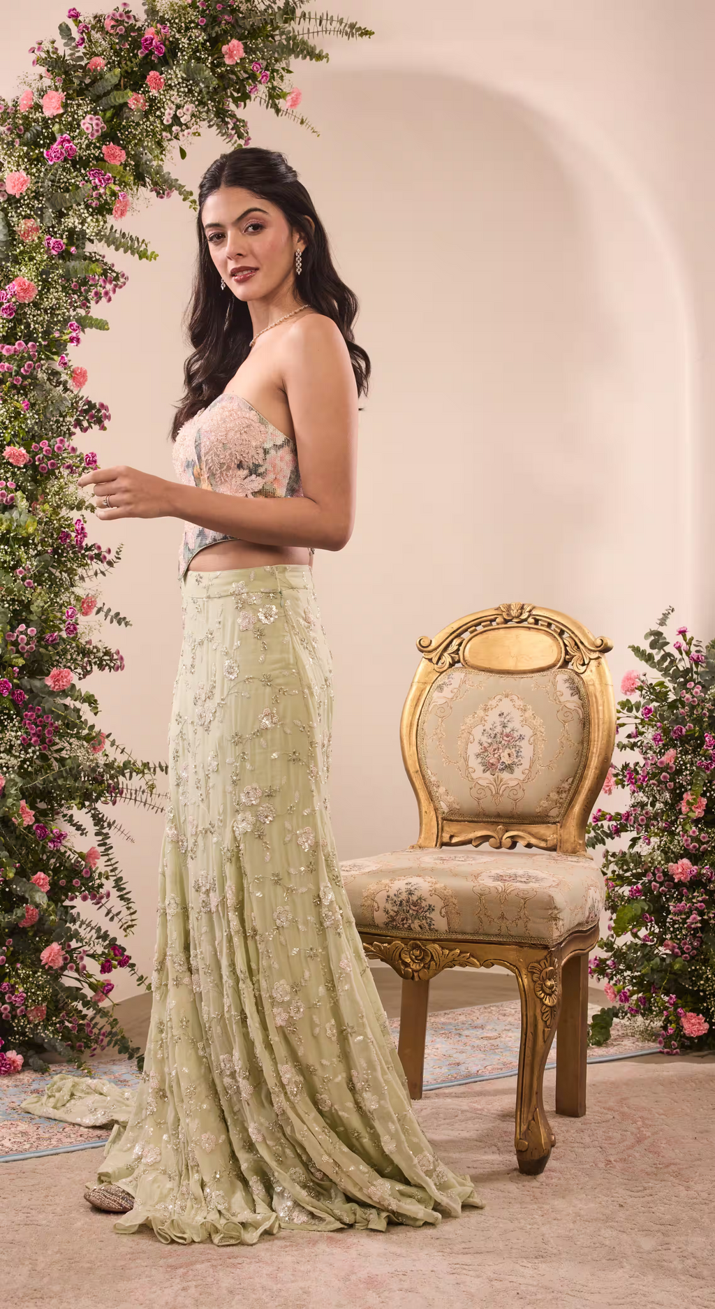 Floral Embroidered Crop Top & Sequin Lehenga