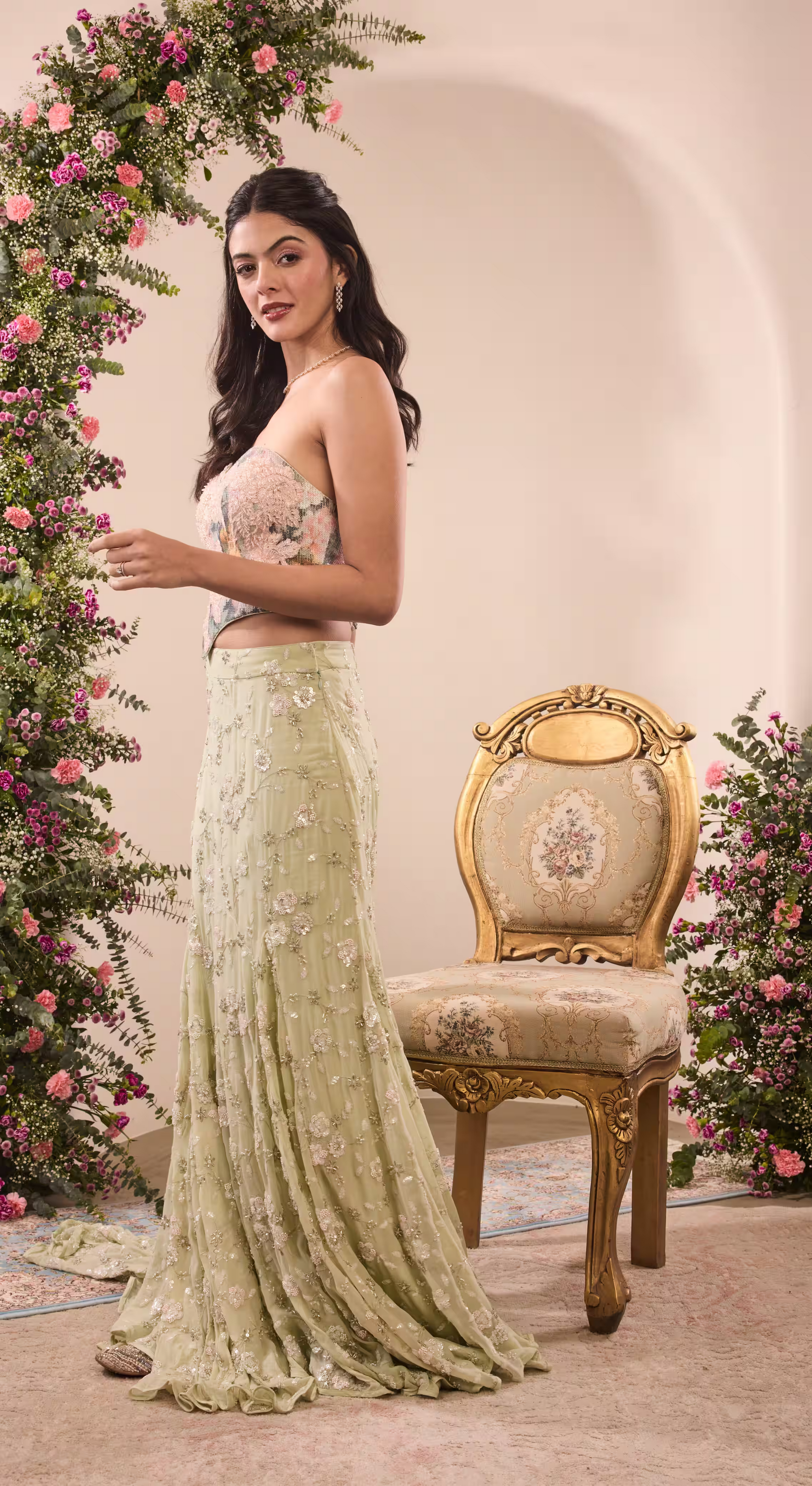 Floral Embroidered Crop Top & Sequin Lehenga