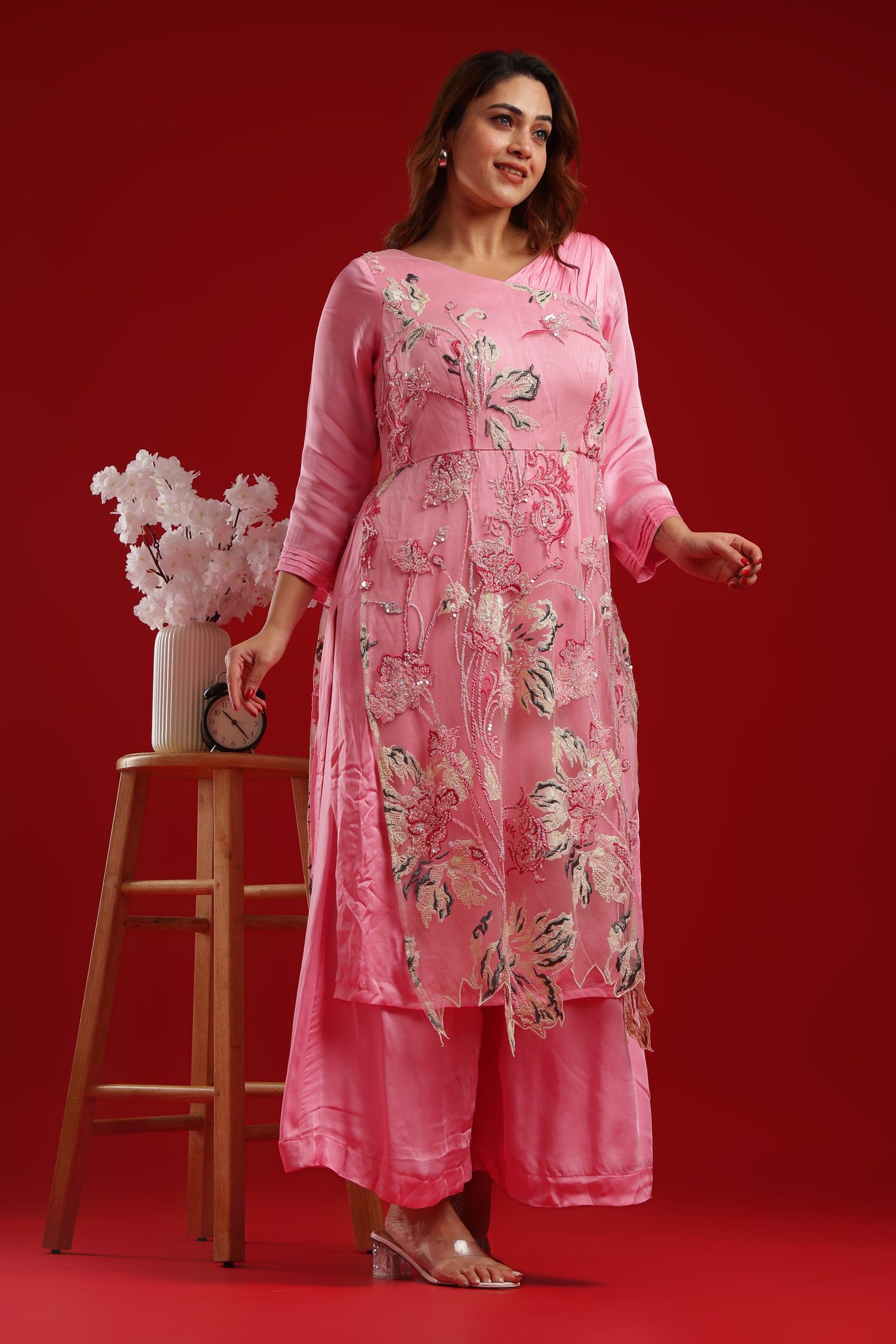 Pink Embroidered Floral Kurta Set