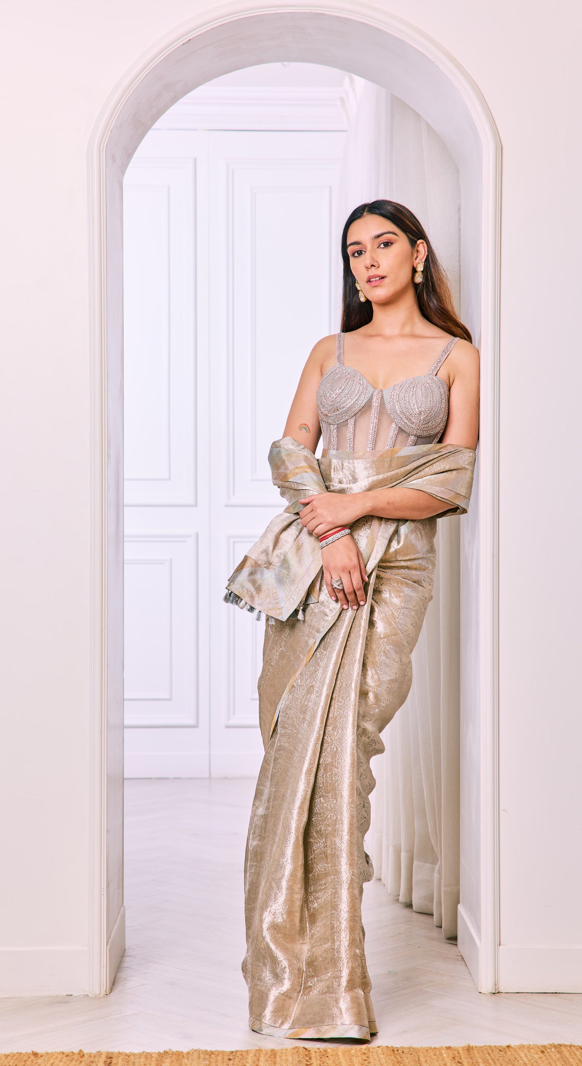Champagne Lumière Metallic Corset Saree