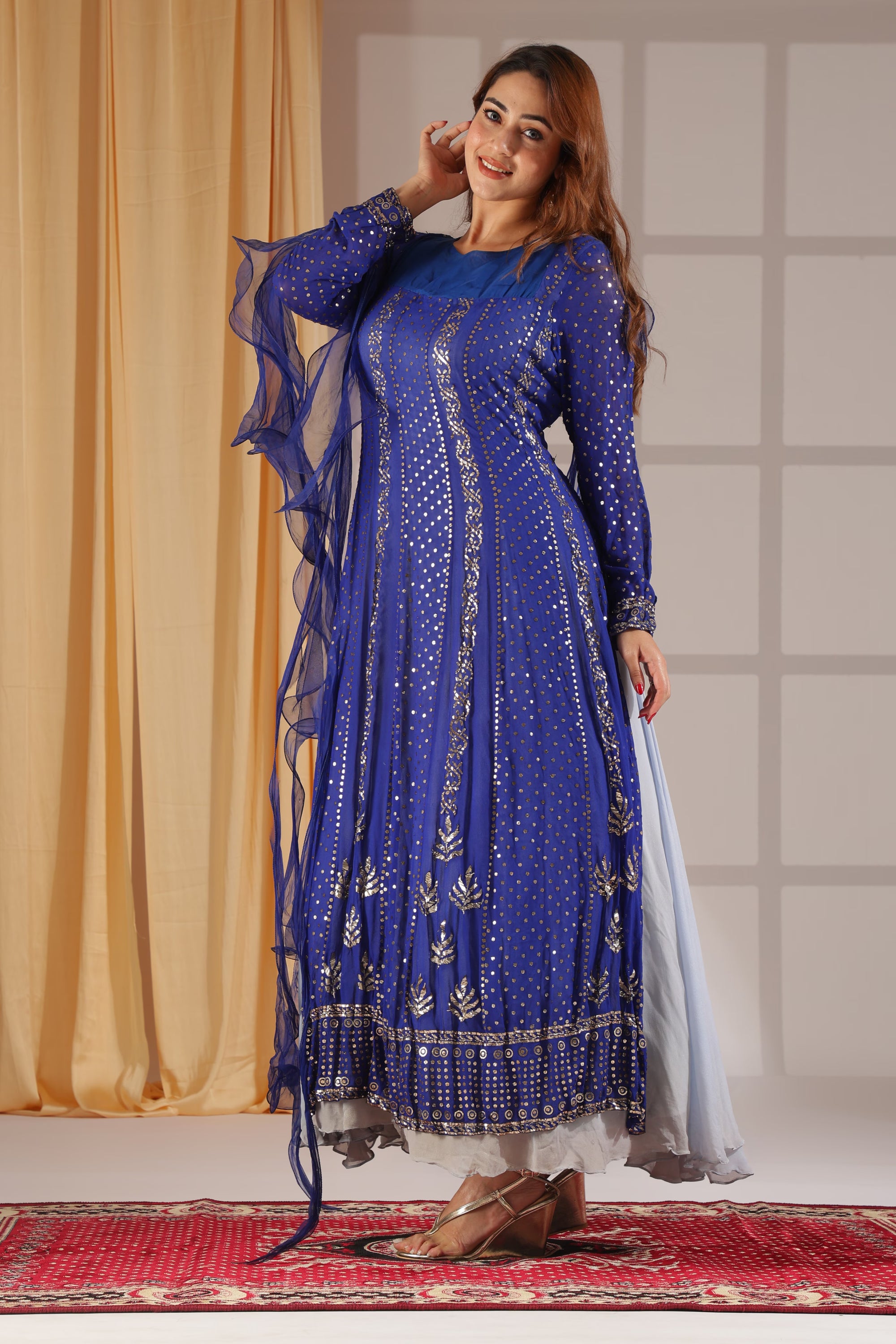 Royal Blue Mirrorwork Anarkali Gown