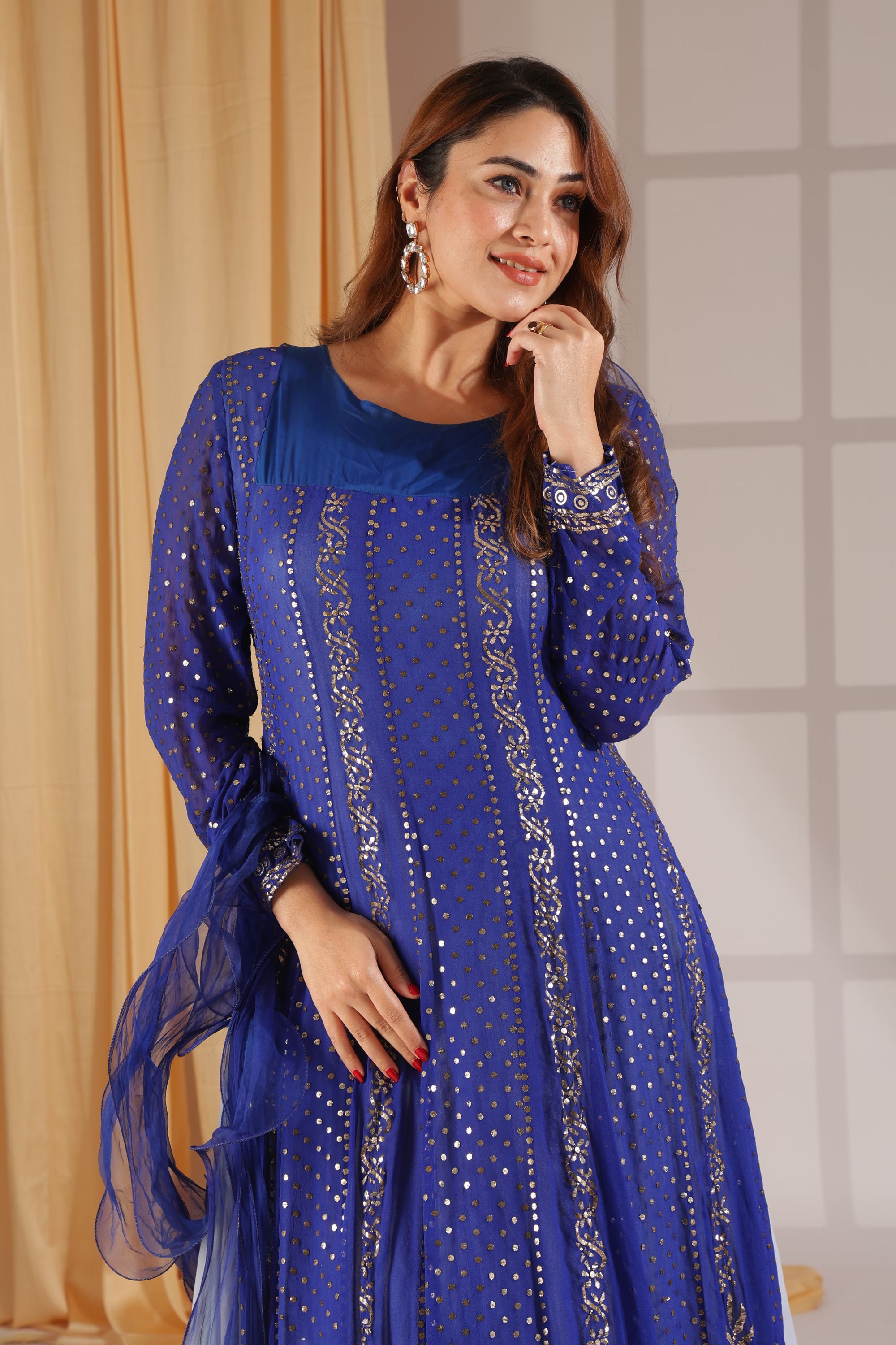 Royal Blue Mirrorwork Anarkali Gown