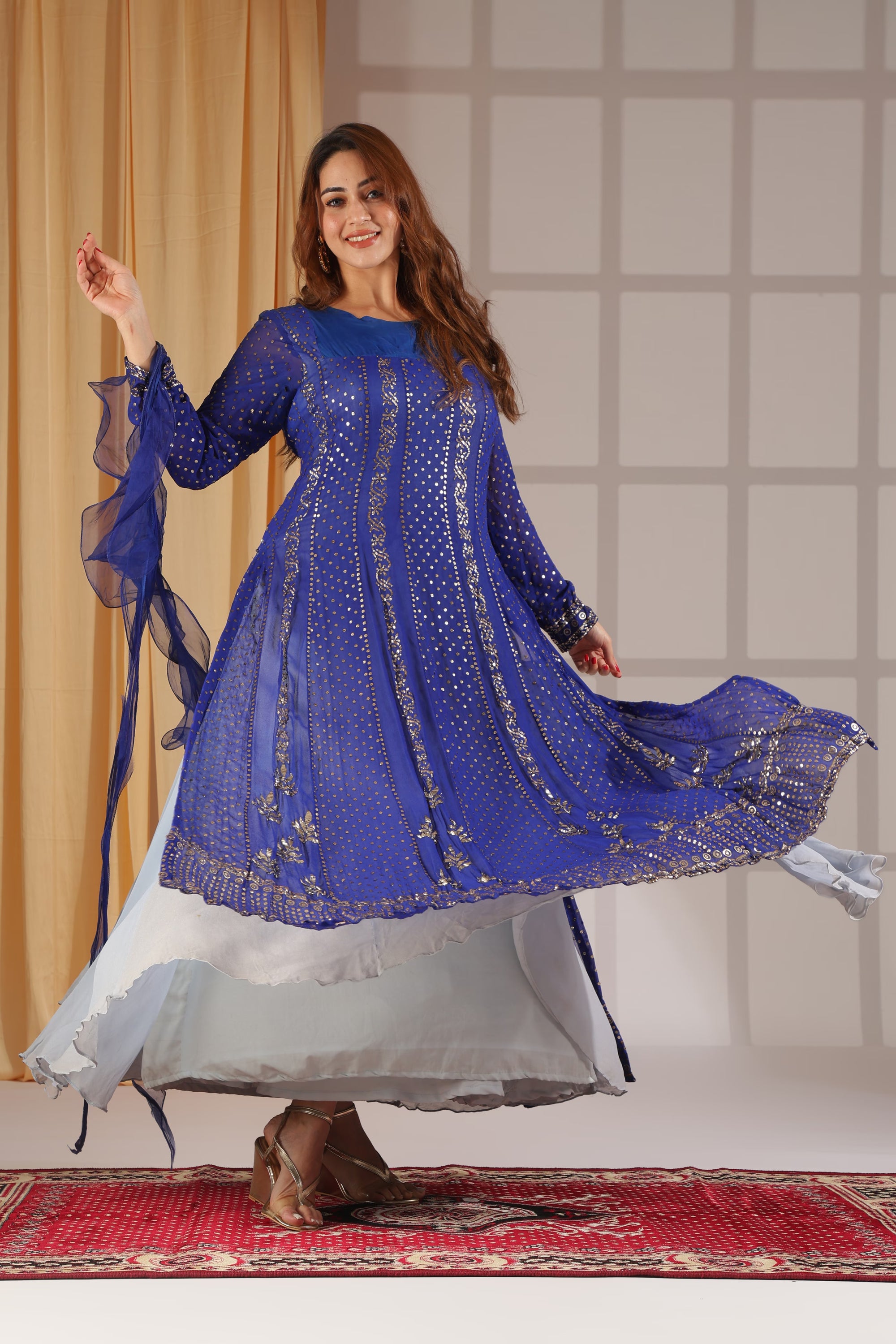 Royal Blue Mirrorwork Anarkali Gown