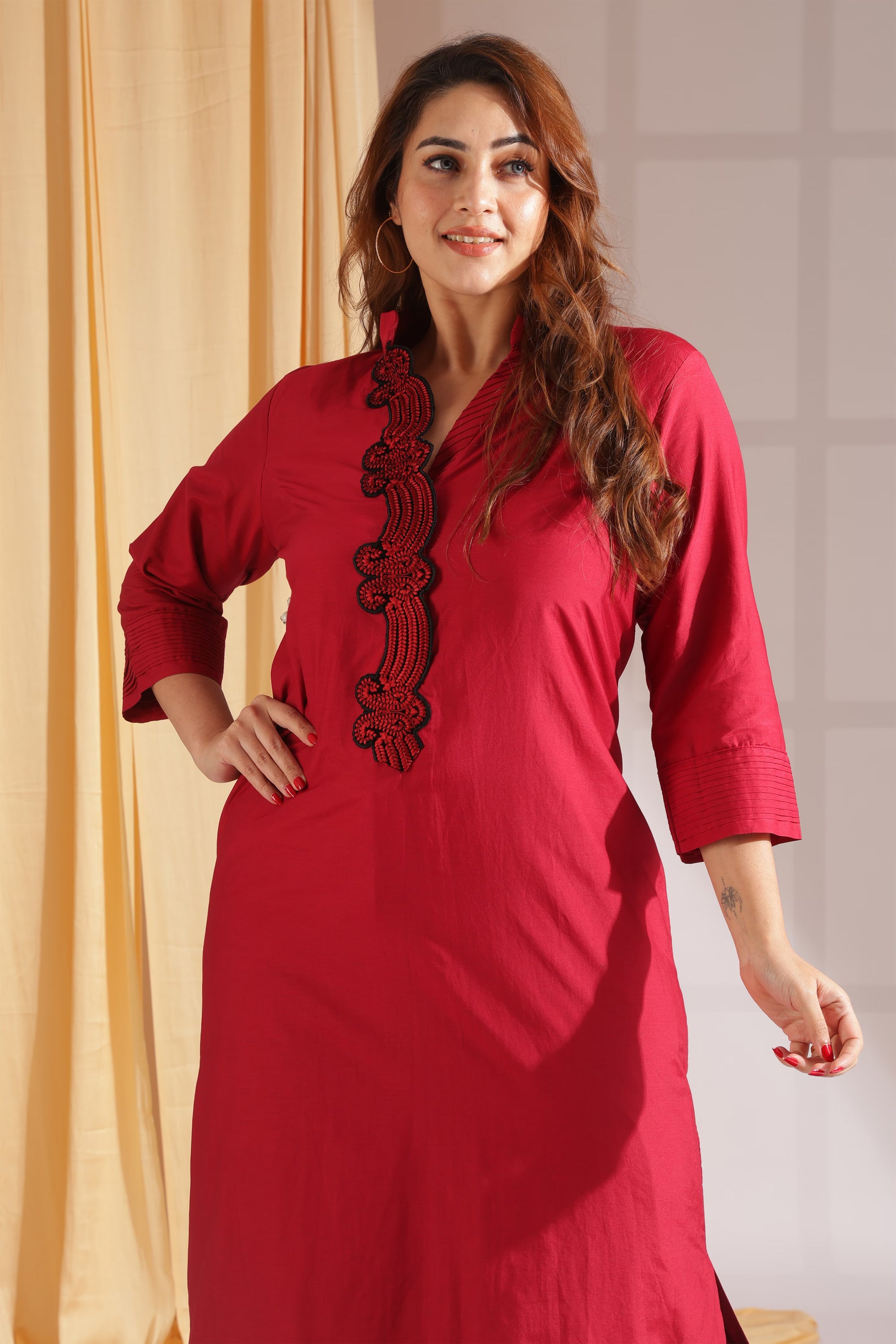 Ruby Motif Mandarin-Collar Kurta