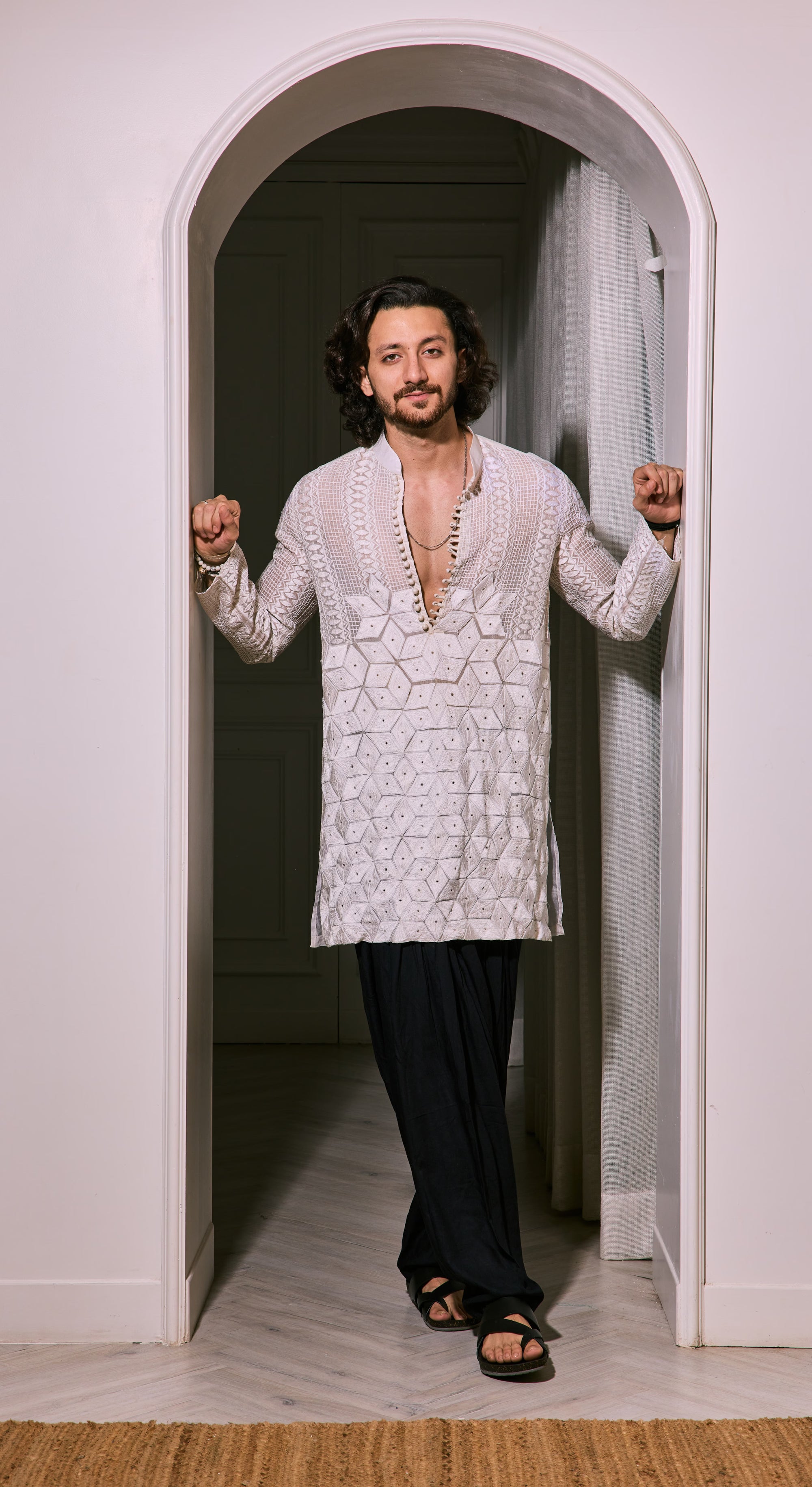 Ivory Geometric Threadwork Kurta with Black Drape Pants