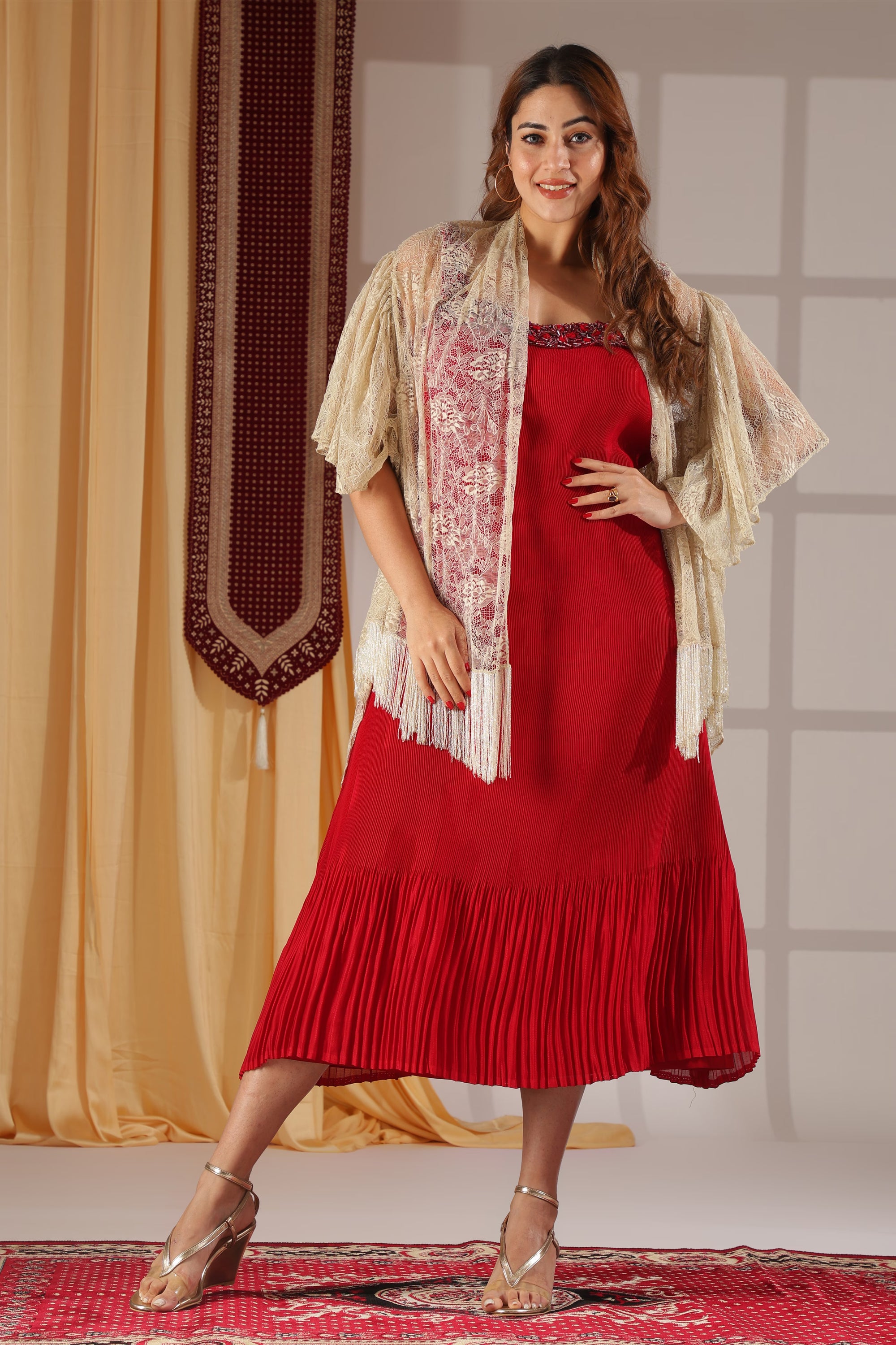 Scarlet Pleated Dress & Ivory Lace Fringe Drape
