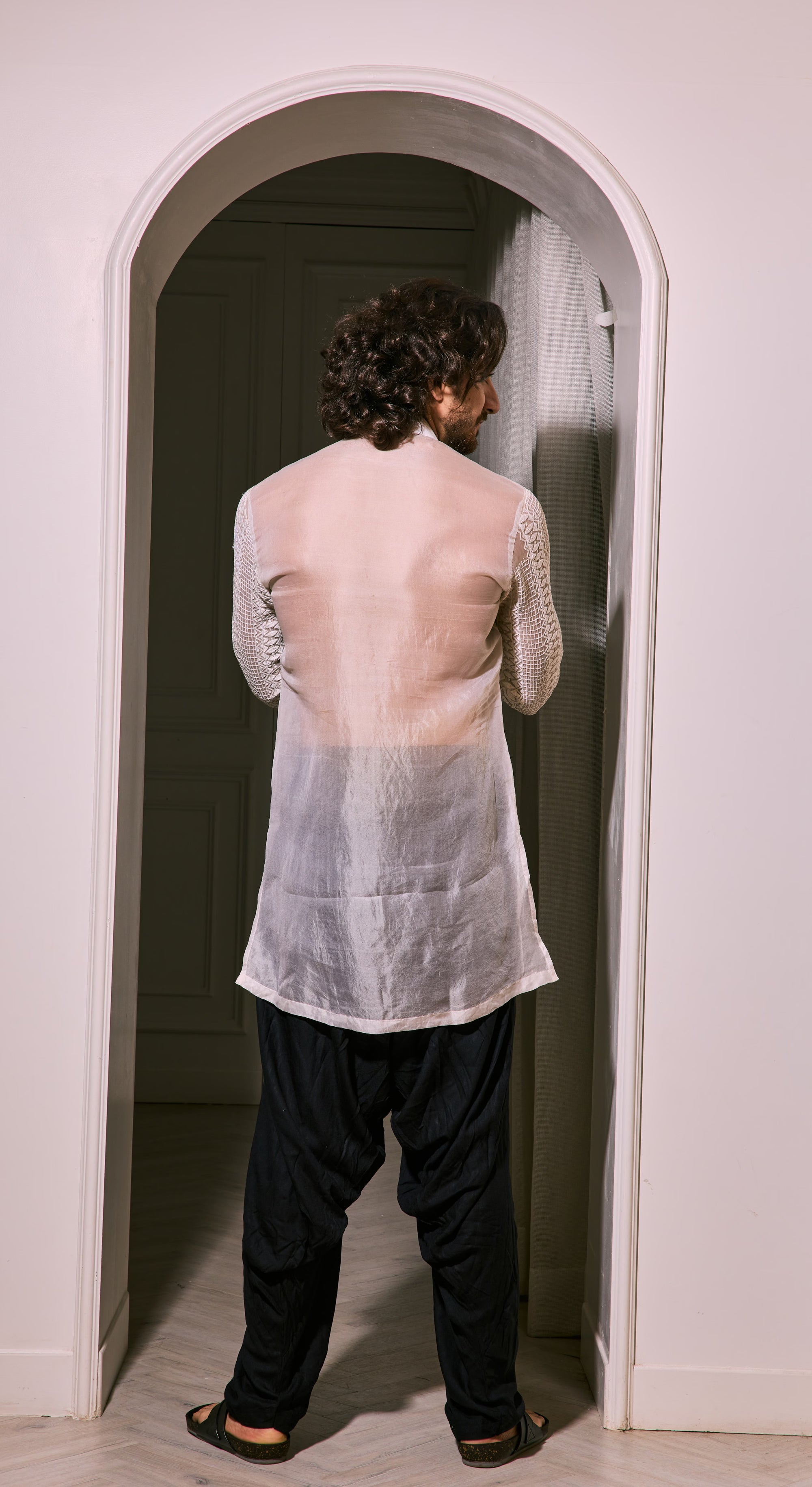 Ivory Geometric Threadwork Kurta with Black Drape Pants