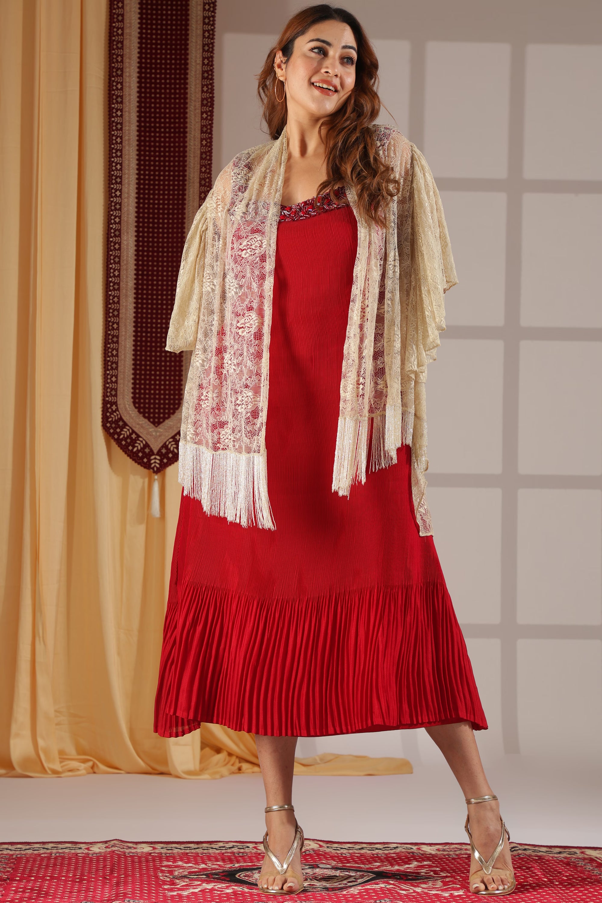 Scarlet Pleated Dress & Ivory Lace Fringe Drape