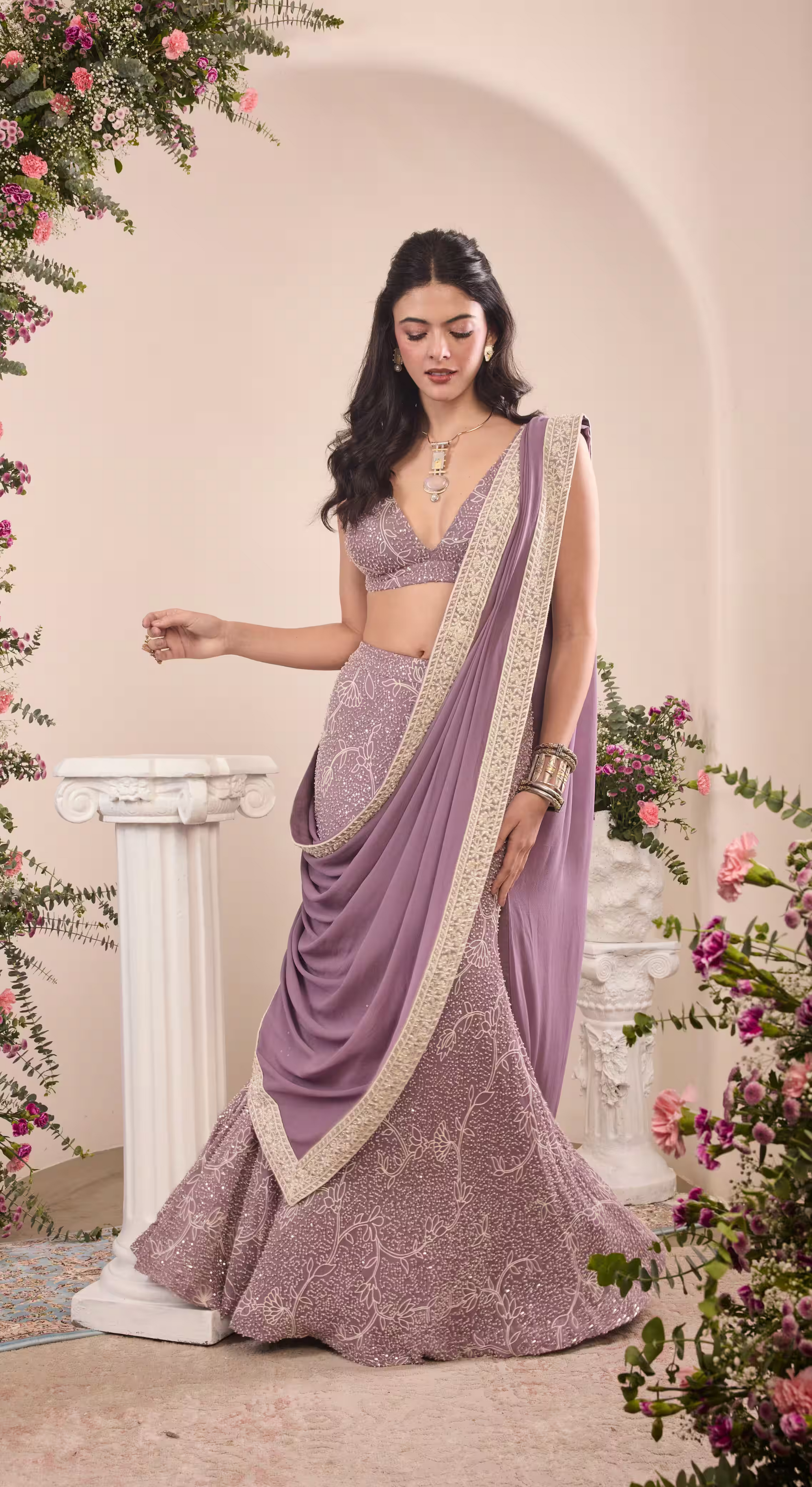 Lilac Embroidered Saree Set