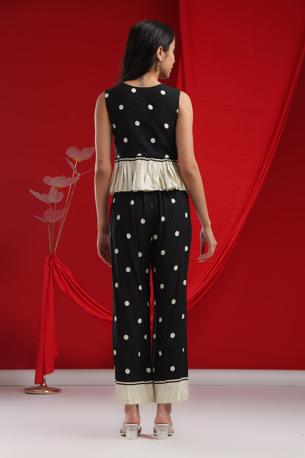 Black & Ivory Polka Peplum Set