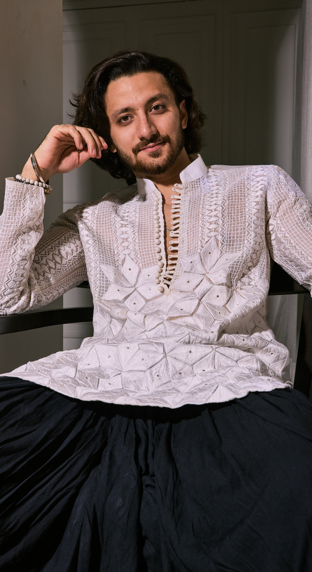 Ivory Geometric Threadwork Kurta with Black Drape Pants