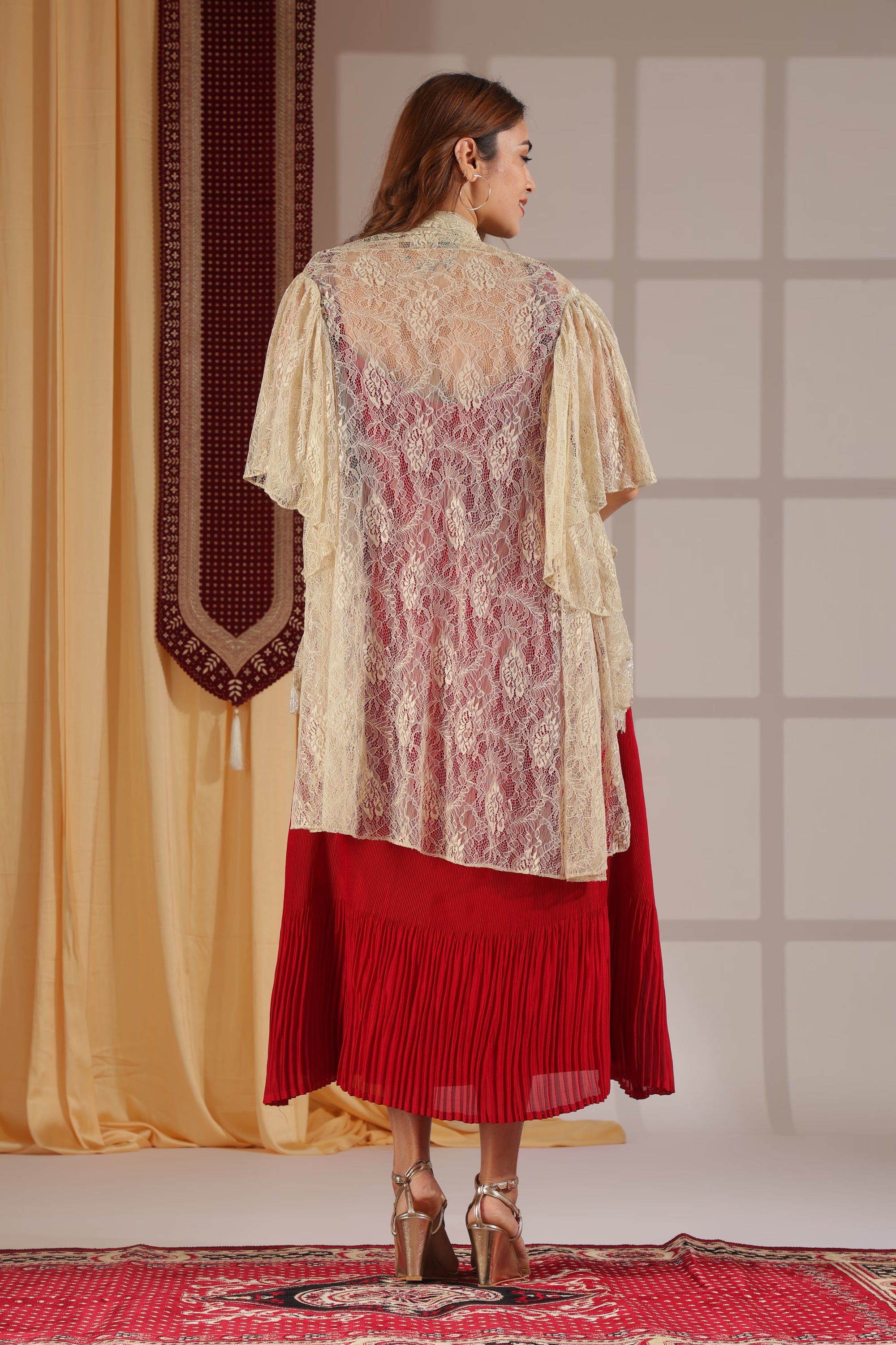 Scarlet Pleated Dress & Ivory Lace Fringe Drape