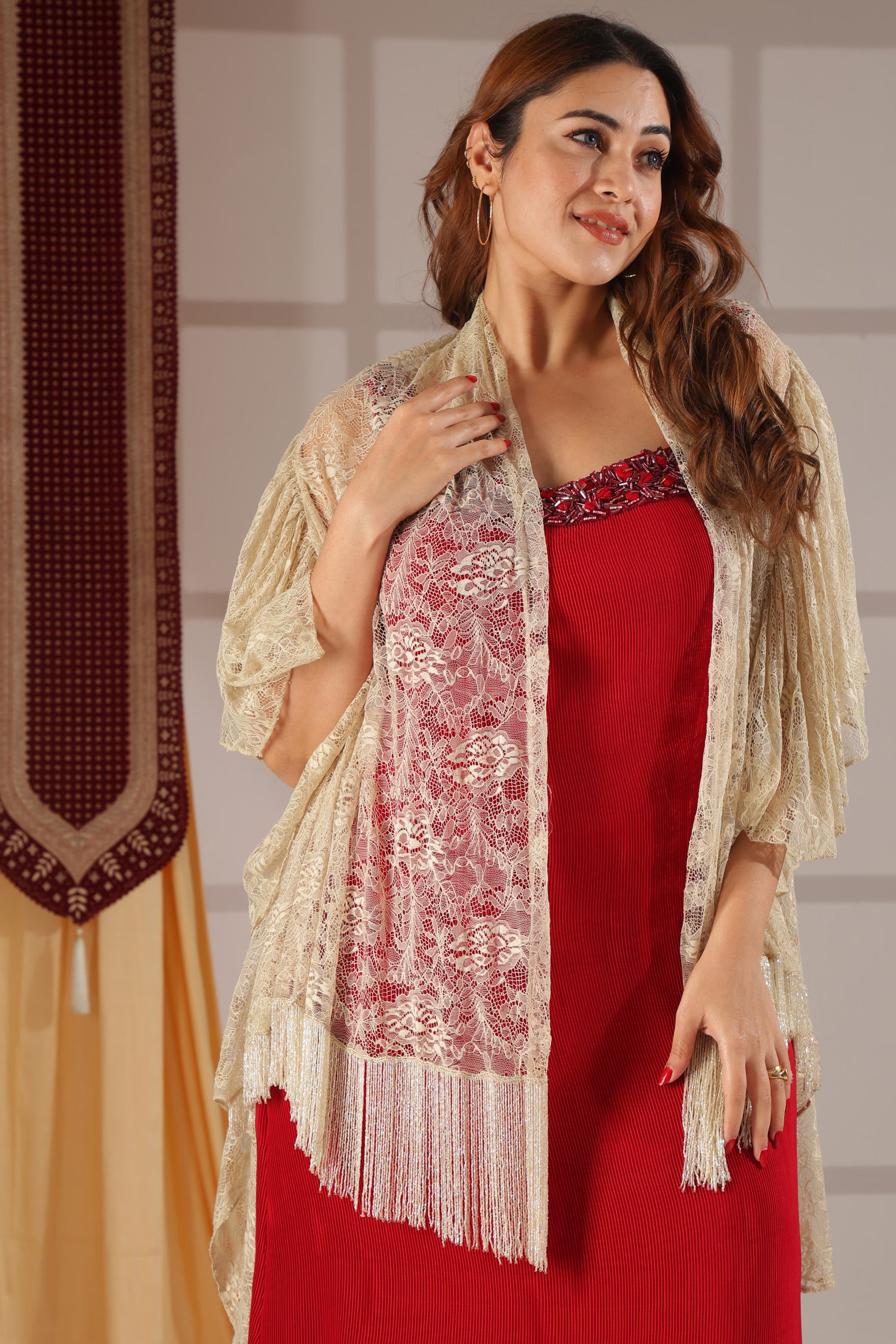 Scarlet Pleated Dress & Ivory Lace Fringe Drape